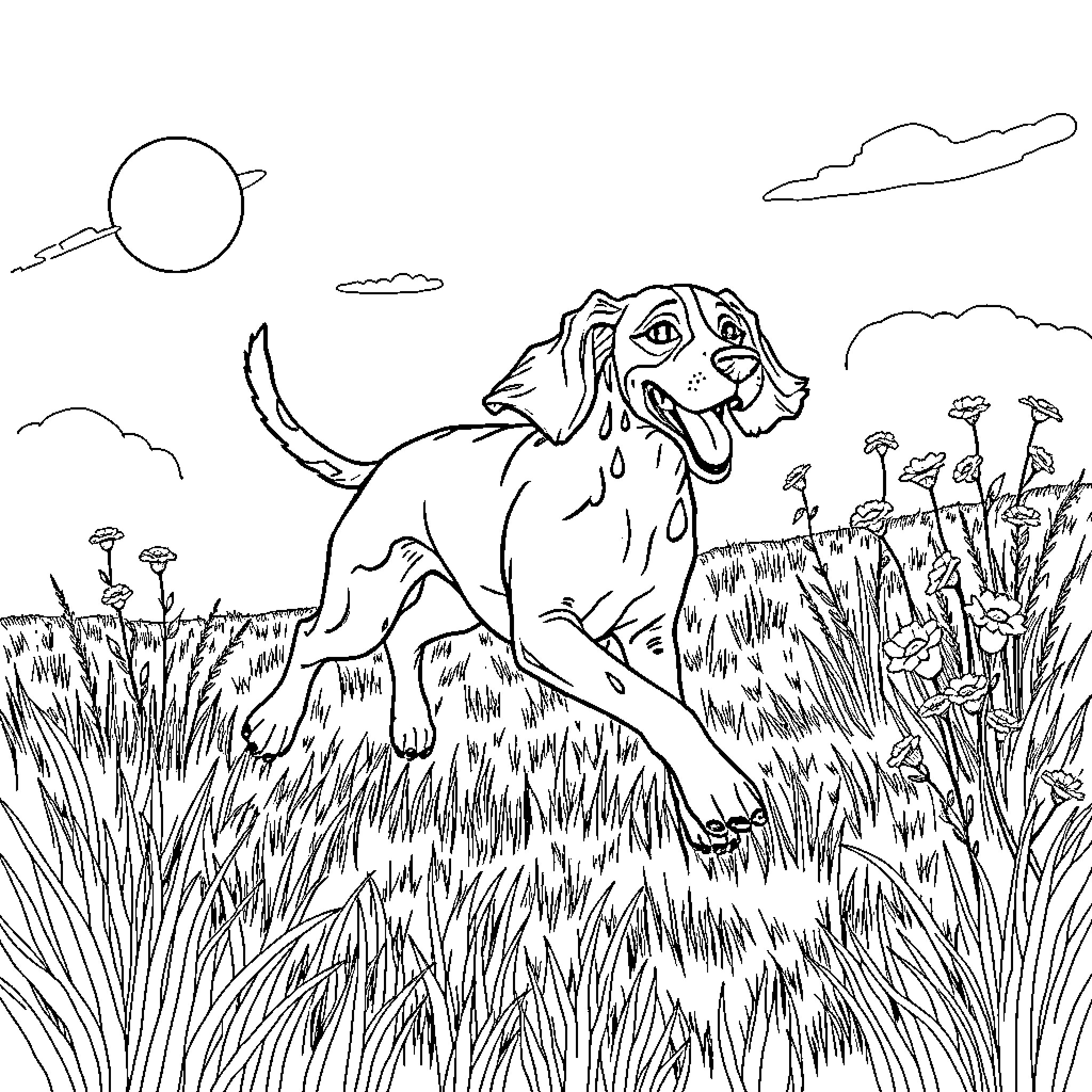 Coonhound exploring the lush countryside Coloring Page (free black-and-white line drawing printable PDF for all, from beginners to advanced learners, including children, teens, adults, and seniors)