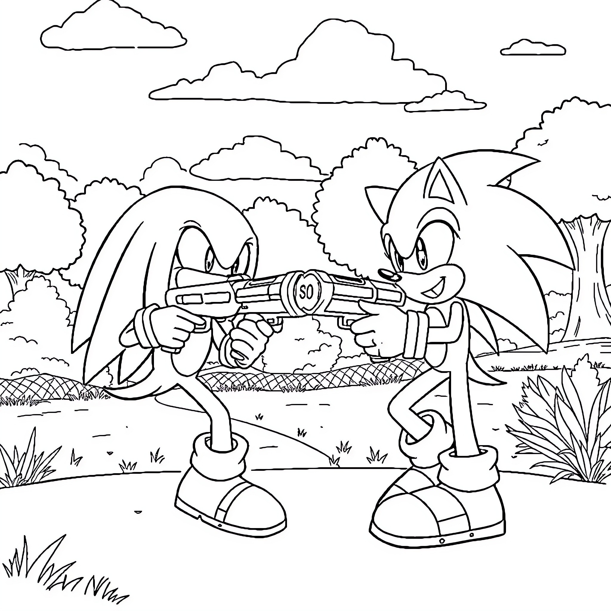 Sonic characters in an adventurous outdoor setting Coloring Page (free black-and-white line drawing printable PDF for all, from beginners to advanced learners, including children, teens, adults, and seniors)