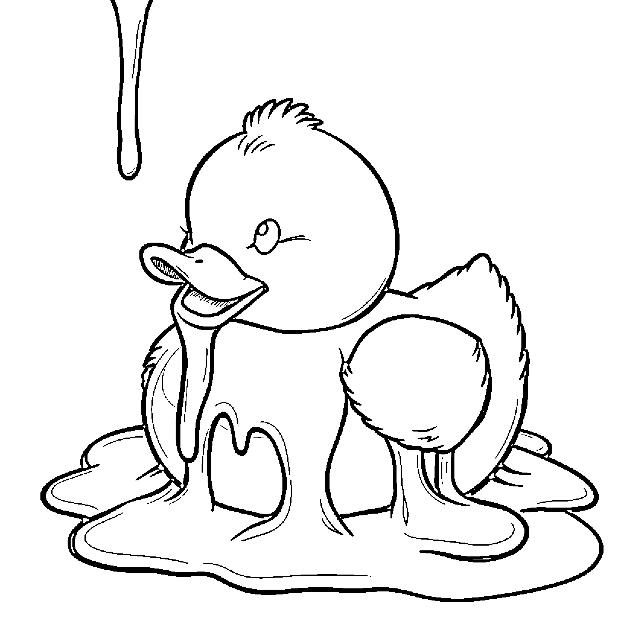 Rubber Duck Splashing in Puddle Coloring Page (free black-and-white line drawing printable PDF for all, from beginners to advanced learners, including children, teens, adults, and seniors)