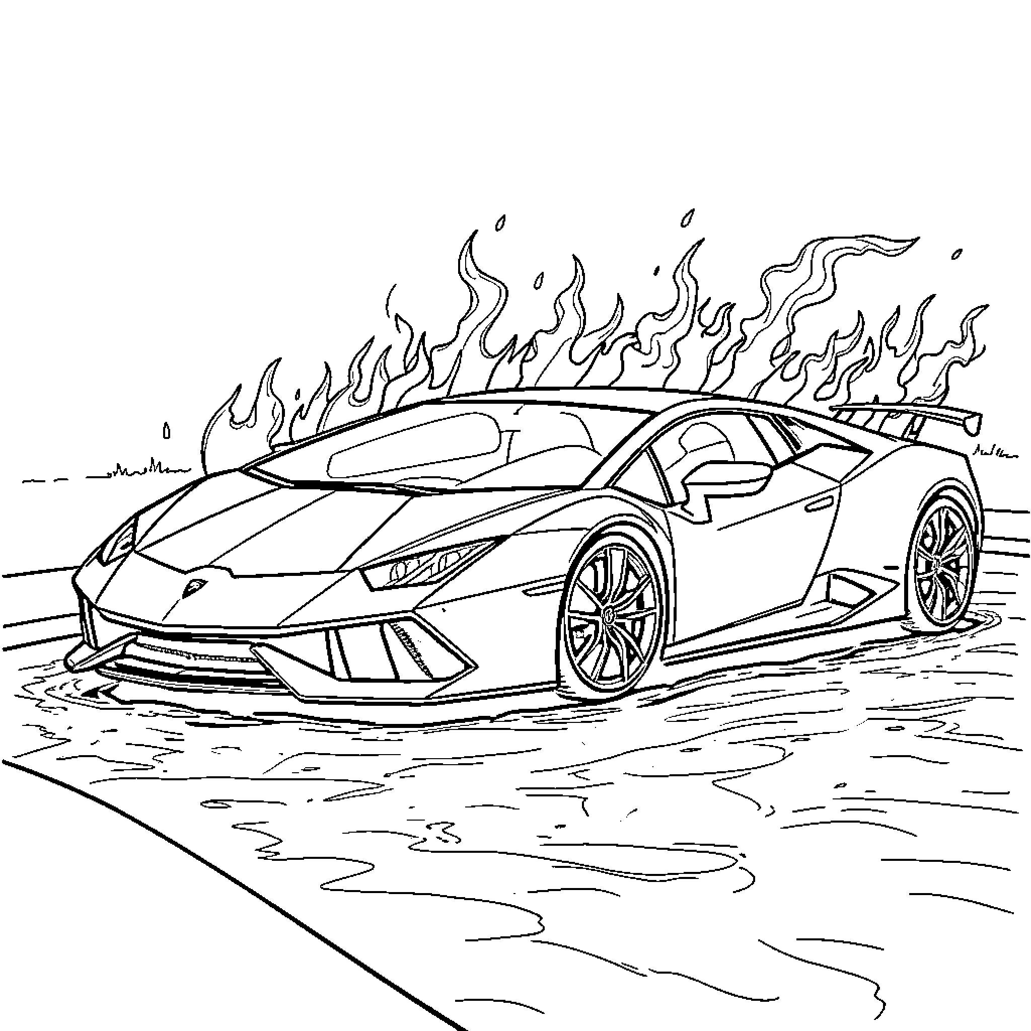 Lamborghini supercar in flames on the road Coloring Page (free black-and-white line drawing printable PDF for all, from beginners to advanced learners, including children, teens, adults, and seniors)