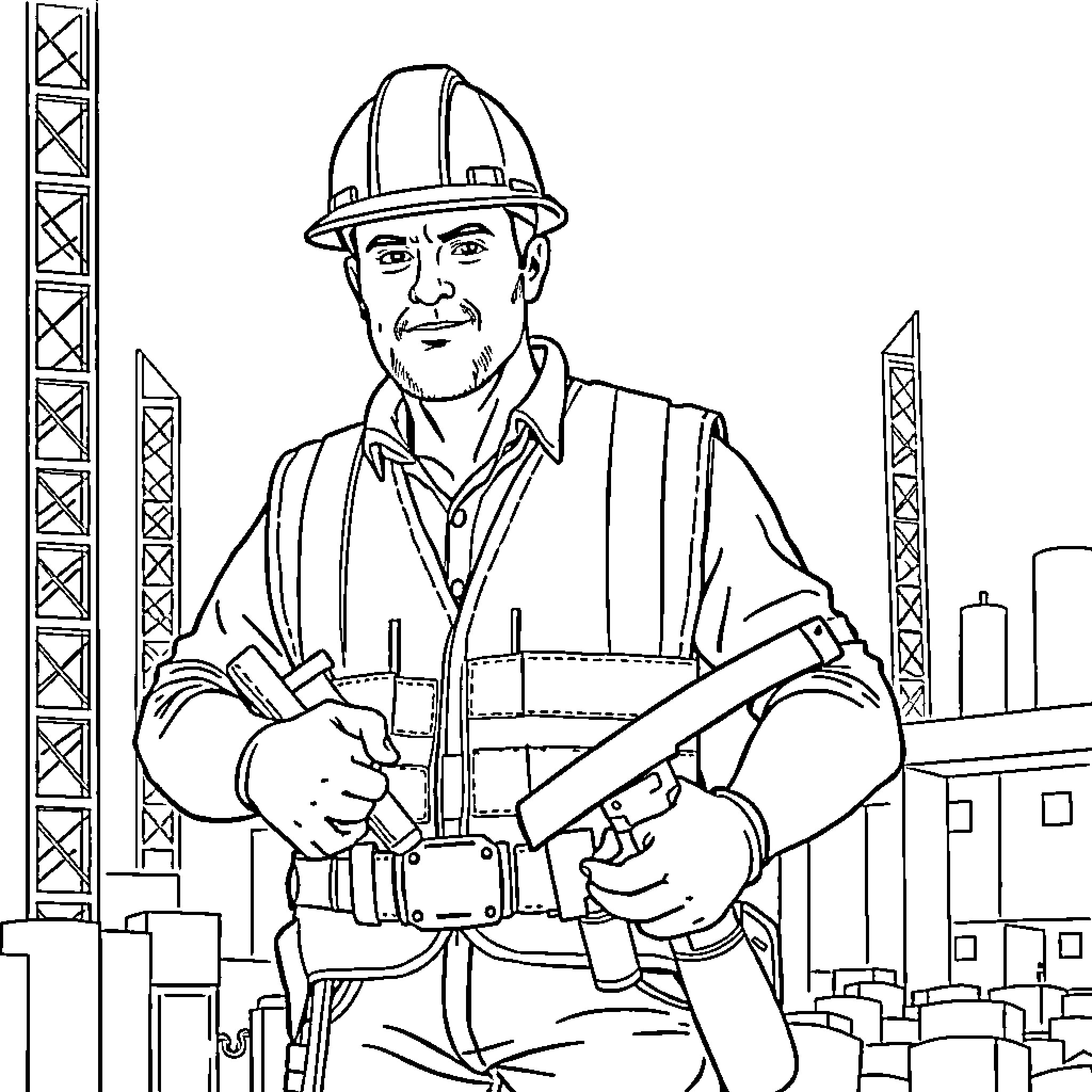 Construction Worker Diligently Working on Site Coloring Page (free black-and-white line drawing printable PDF for all, from beginners to advanced learners, including children, teens, adults, and seniors)