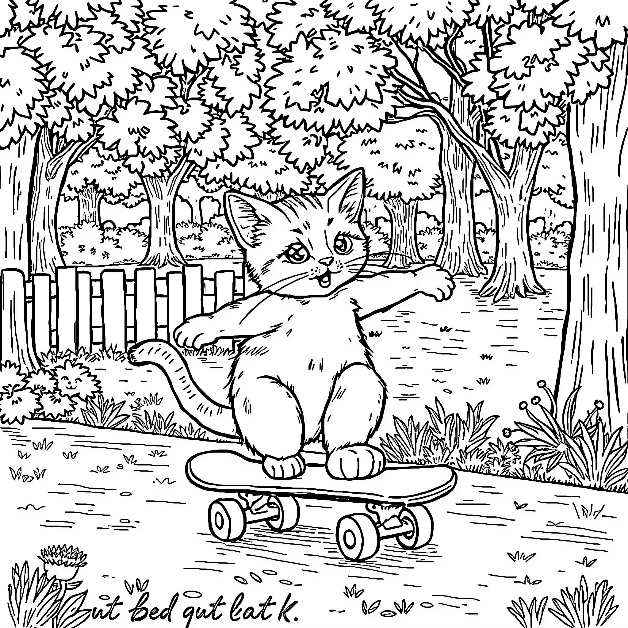 Cat Riding Skateboard in Enchanted Forest Coloring Page (free black-and-white line drawing printable PDF for all, from beginners to advanced learners, including children, teens, adults, and seniors)