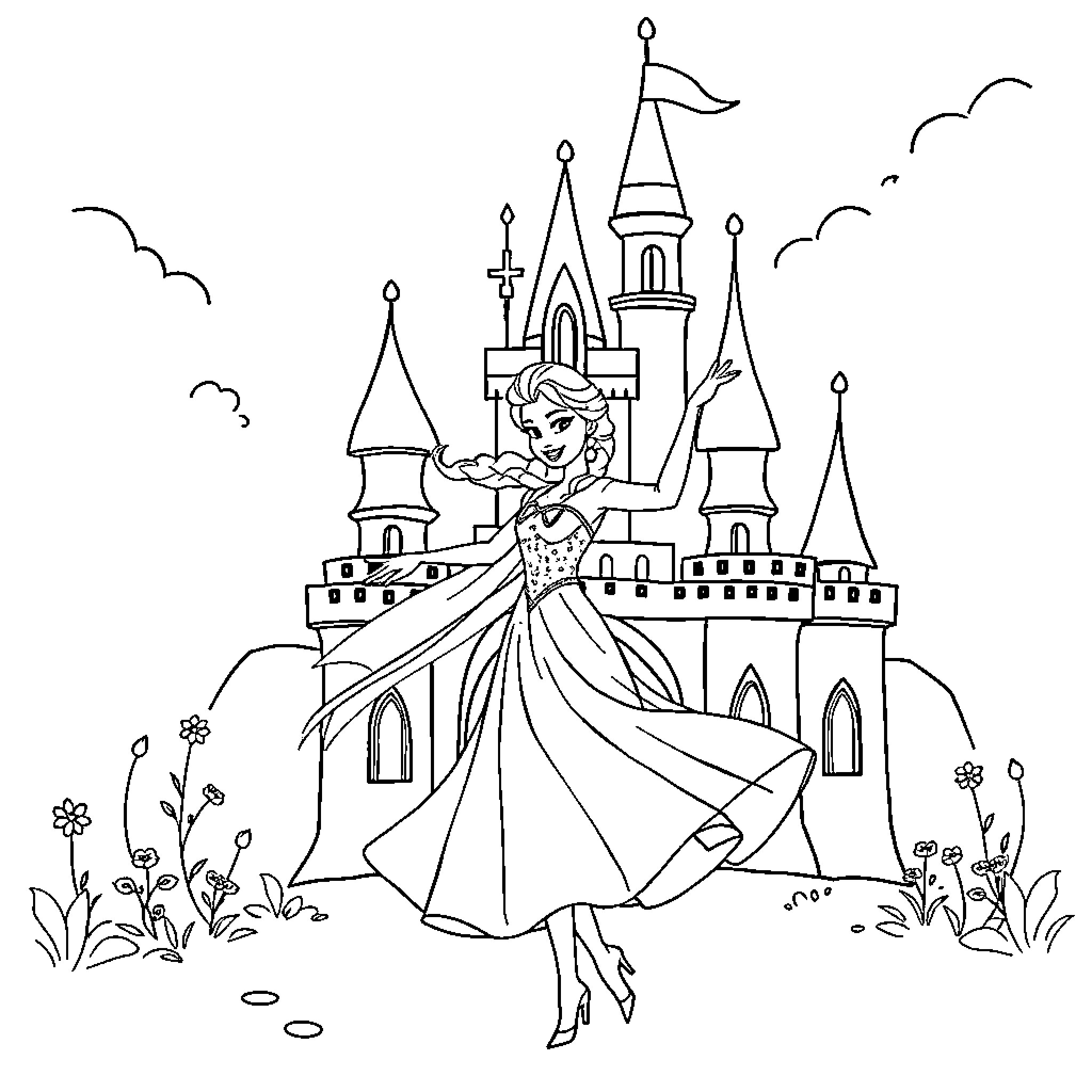 Elsa exploring a magical castle kingdom Coloring Page (free black-and-white line drawing printable PDF for all, from beginners to advanced learners, including children, teens, adults, and seniors)