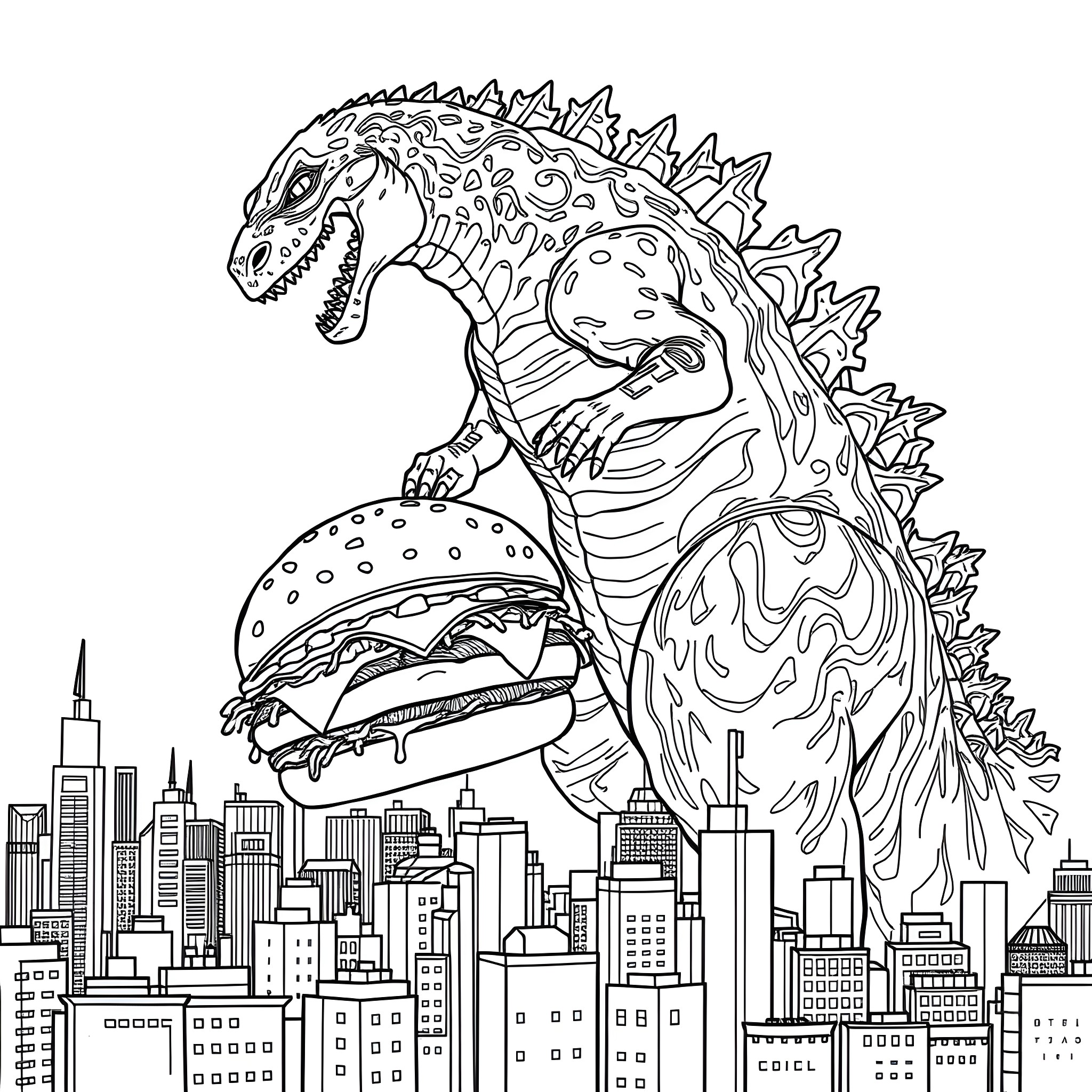 Godzilla Rampages Through a Bustling City Coloring Page (free black-and-white line drawing printable PDF for all, from beginners to advanced learners, including children, teens, adults, and seniors)