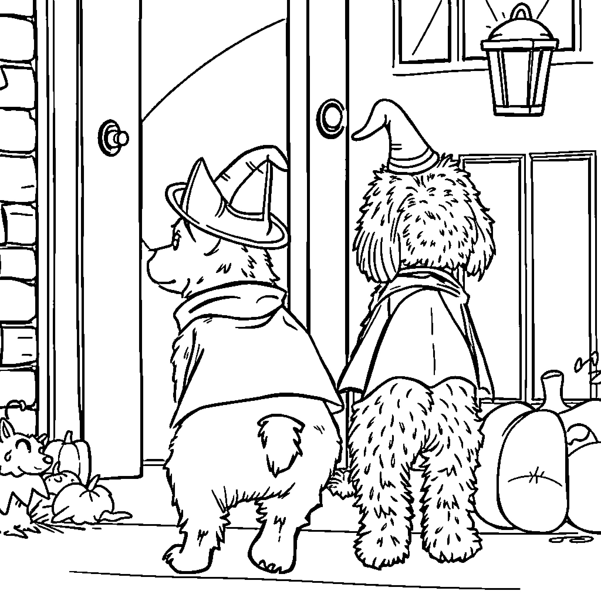 Dog guards a pumpkin-filled porch with a friend Coloring Page (free black-and-white line drawing printable PDF for all, from beginners to advanced learners, including children, teens, adults, and seniors)
