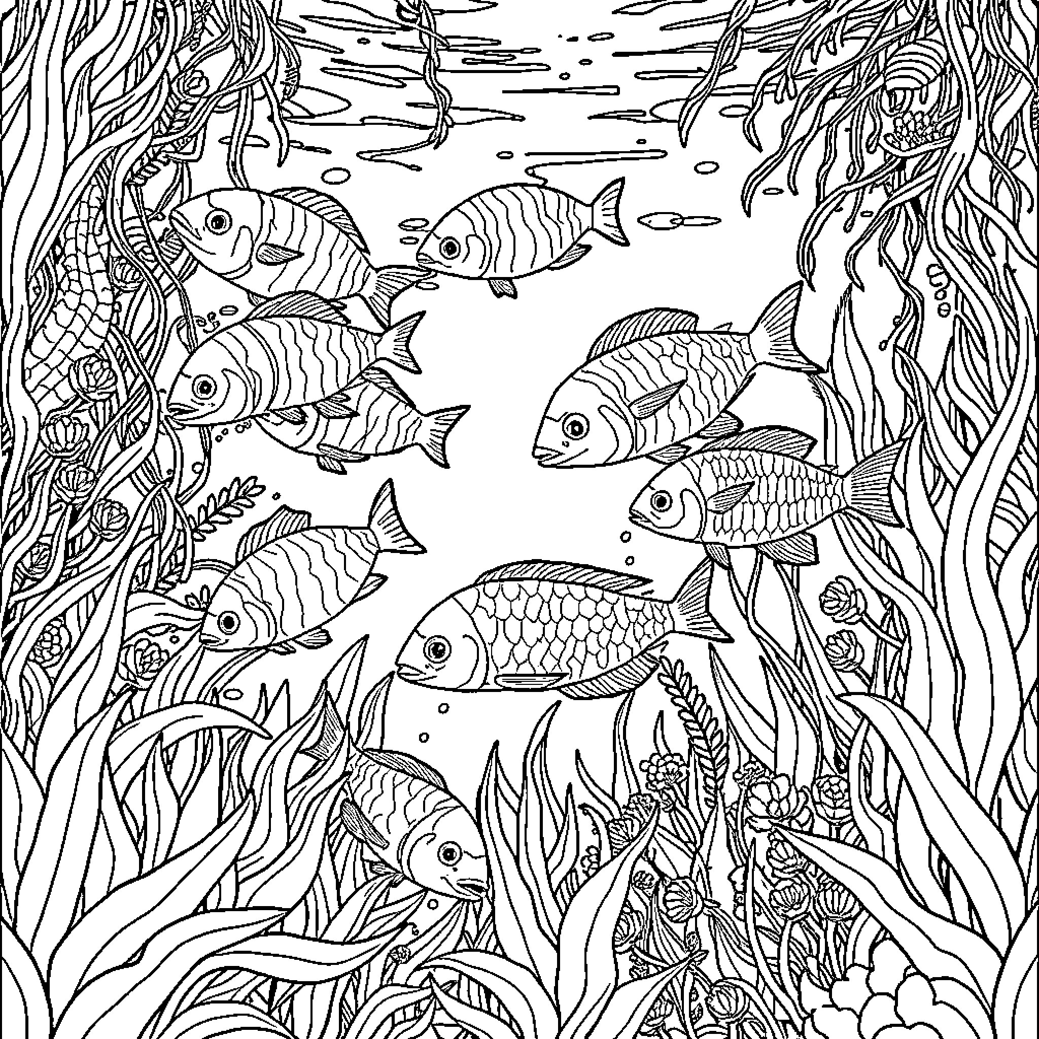 Aquarium filled with various fish and seaweed Coloring Page (free black-and-white line drawing printable PDF for all, from beginners to advanced learners, including children, teens, adults, and seniors)