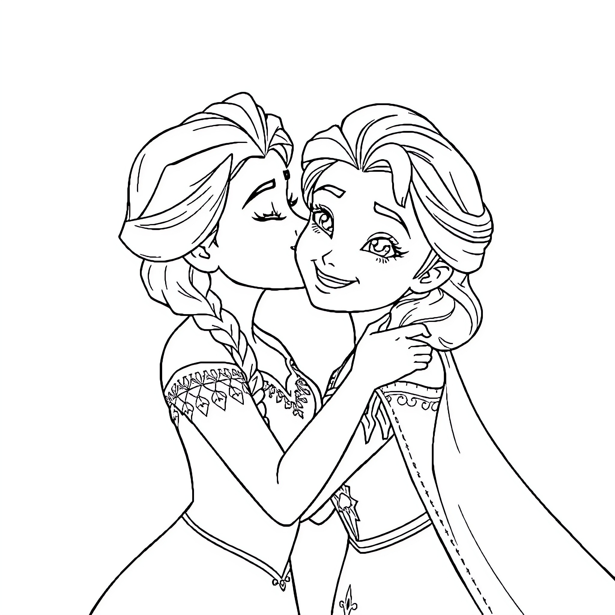 Elsa and Anna embracing in warm sisterly affection Coloring Page (free black-and-white line drawing printable PDF for all, from beginners to advanced learners, including children, teens, adults, and seniors)