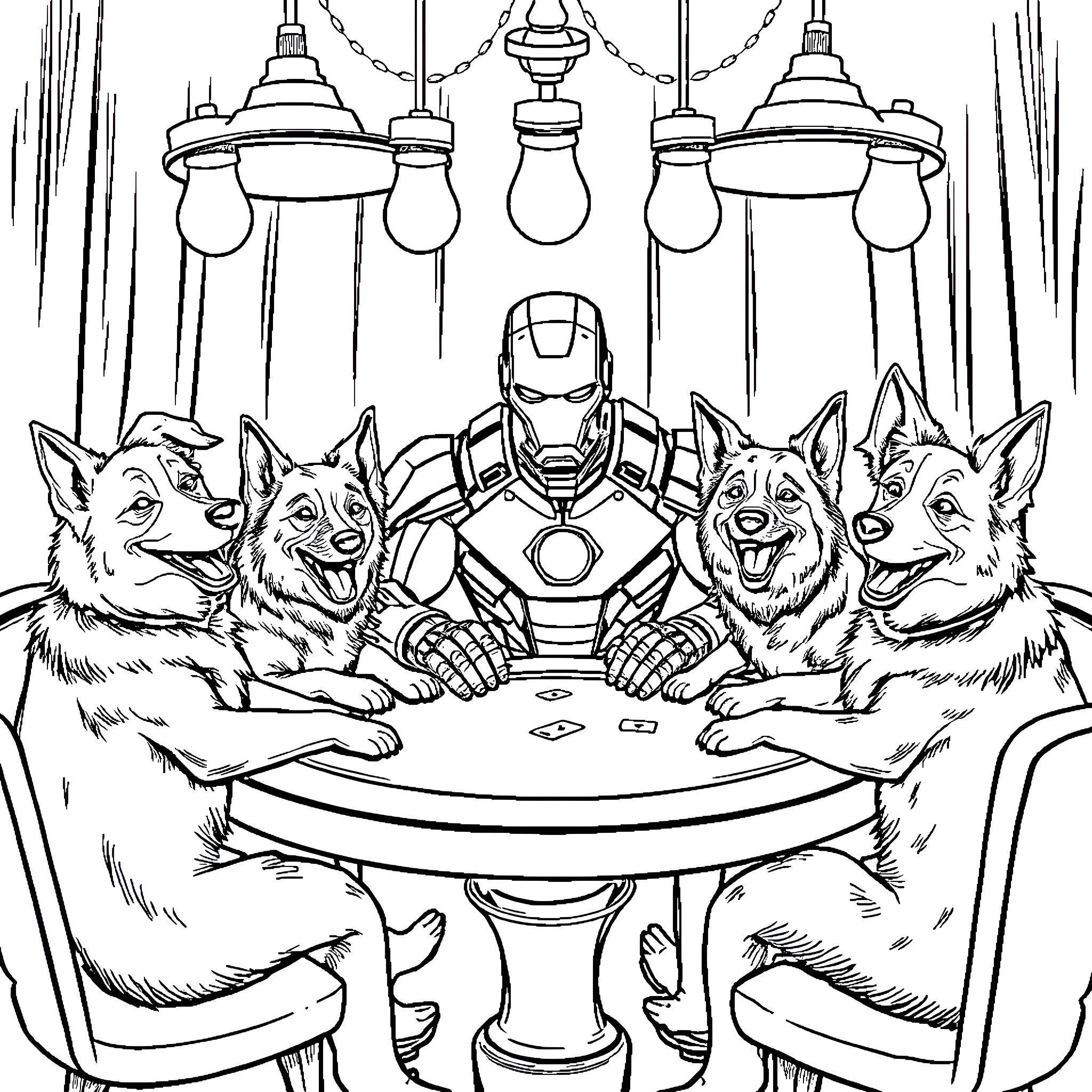 Ironman playing poker with his canine companions Coloring Page (free black-and-white line drawing printable PDF for all, from beginners to advanced learners, including children, teens, adults, and seniors)