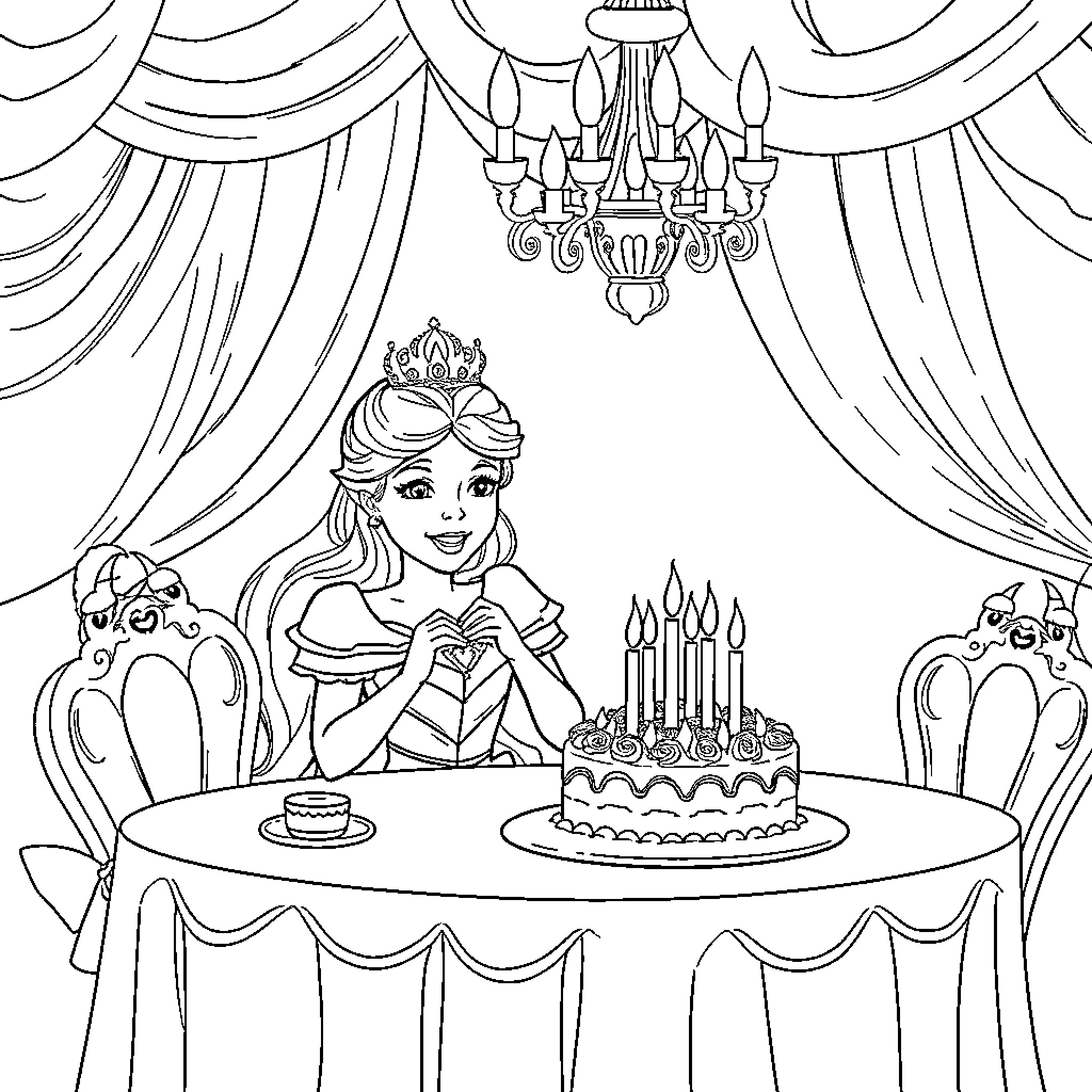 Princess Celebrating Her Birthday with Cake and Pets Coloring Page (free black-and-white line drawing printable PDF for all, from beginners to advanced learners, including children, teens, adults, and seniors)