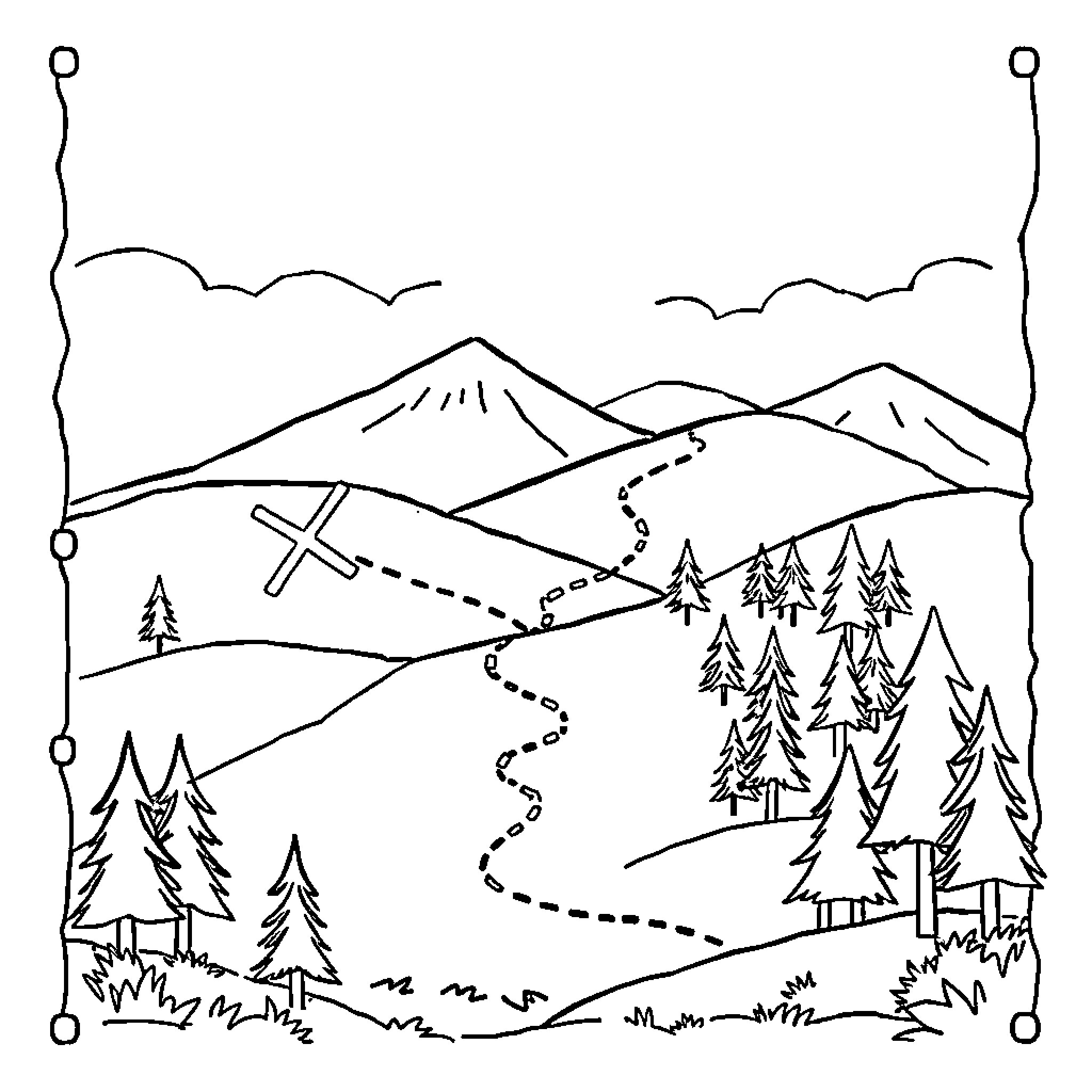 Treasure Map of a Scenic Mountain Landscape Coloring Page (free black-and-white line drawing printable PDF for all, from beginners to advanced learners, including children, teens, adults, and seniors)