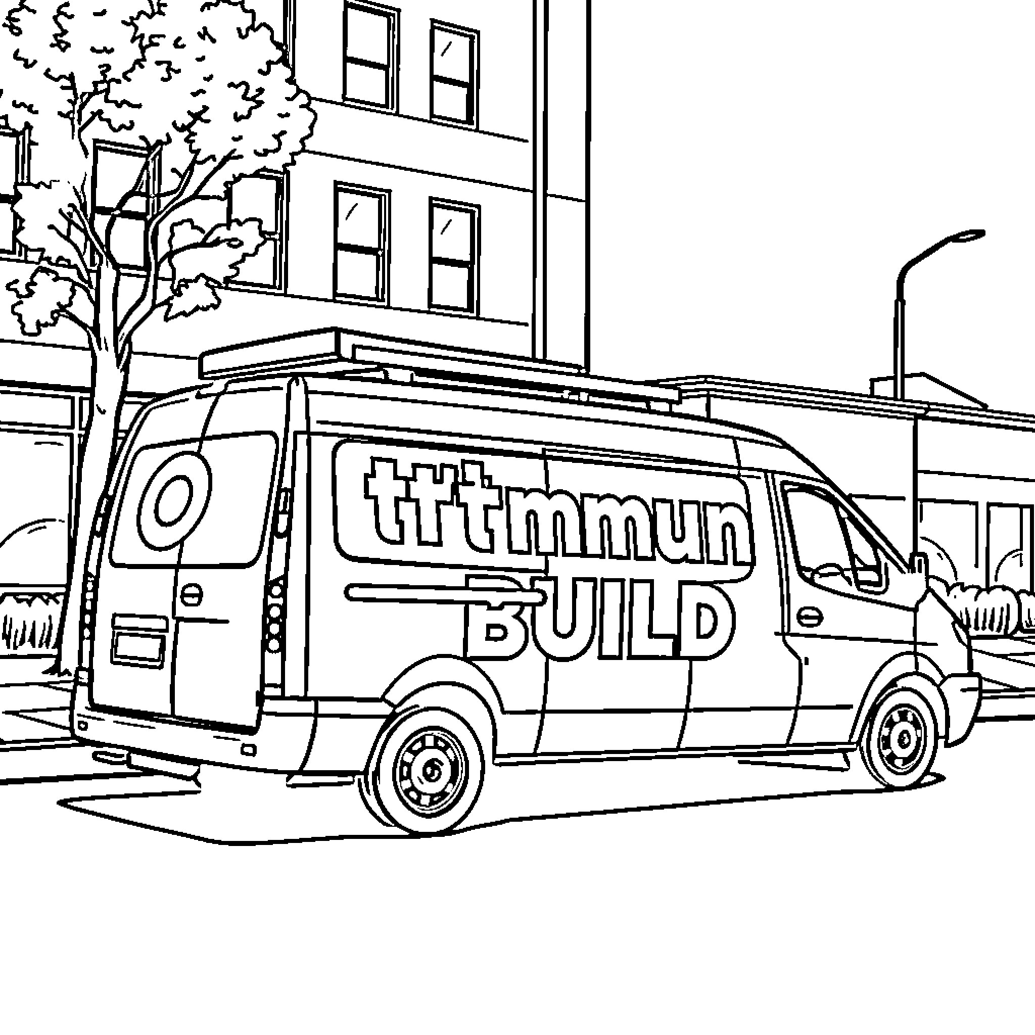 Van delivering construction supplies to building site Coloring Page (free black-and-white line drawing printable PDF for all, from beginners to advanced learners, including children, teens, adults, and seniors)