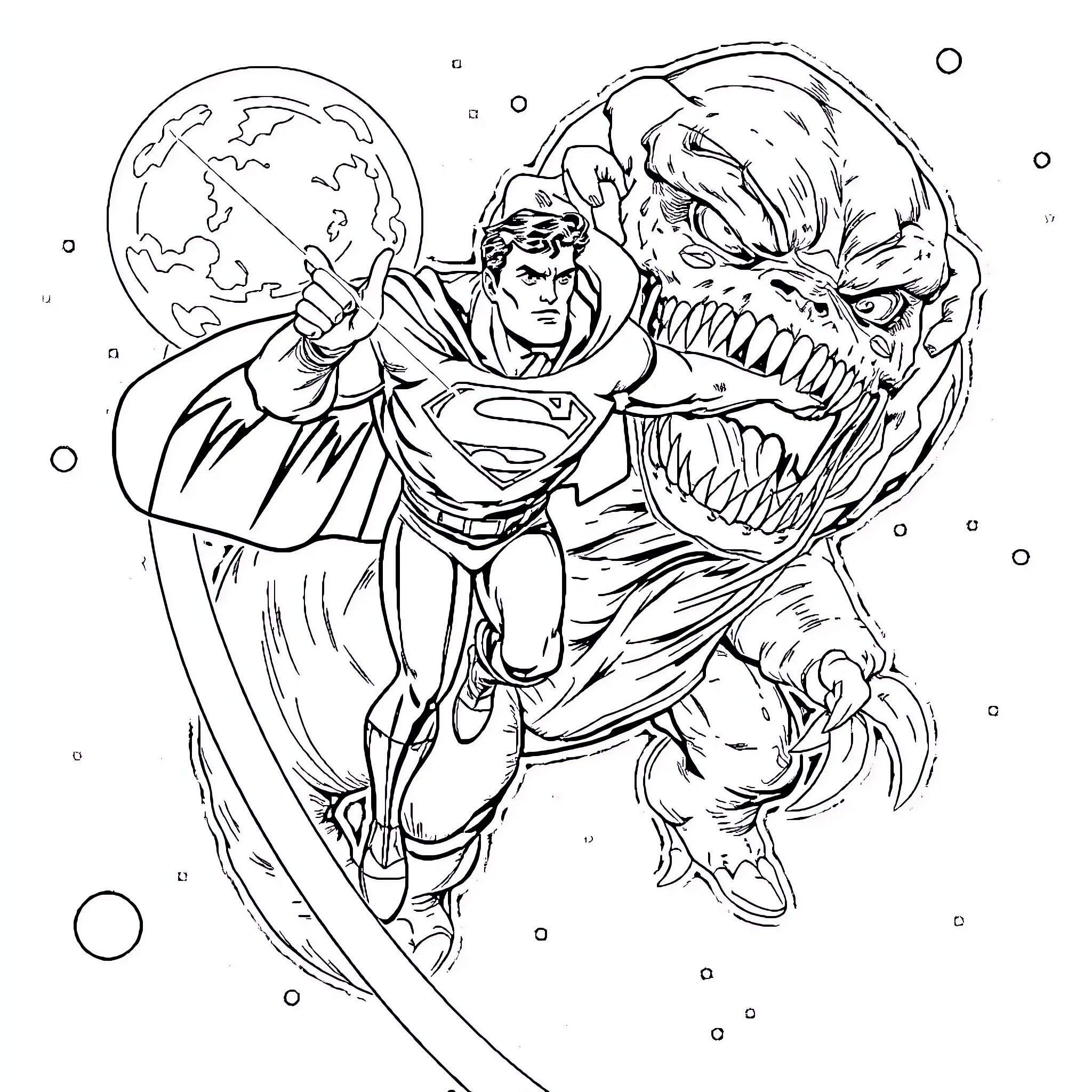 Superman battling a monstrous foe in outer space Coloring Page (free black-and-white line drawing printable PDF for all, from beginners to advanced learners, including children, teens, adults, and seniors)