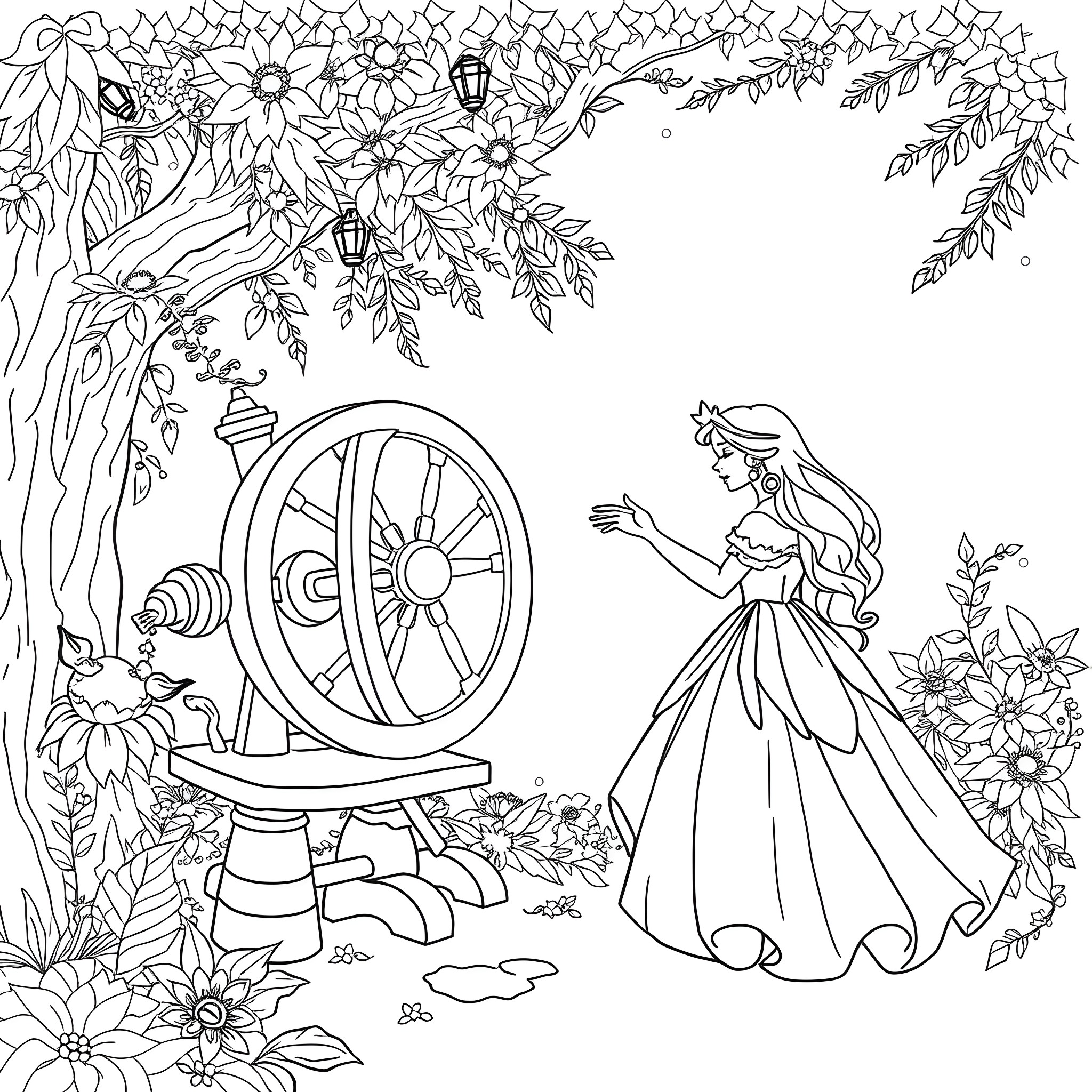 Sleeping Beauty in a Magical Garden Coloring Page (free black-and-white line drawing printable PDF for all, from beginners to advanced learners, including children, teens, adults, and seniors)