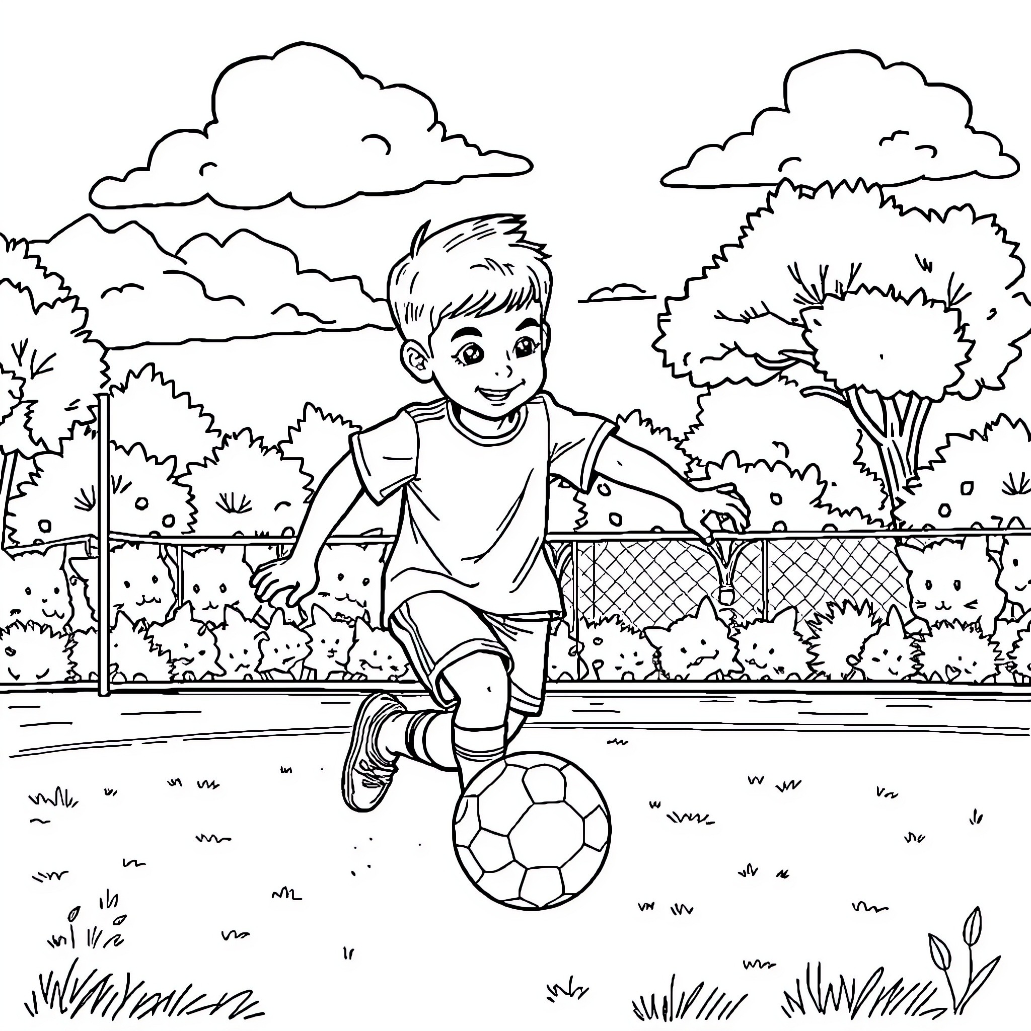 Boy playing with soccer ball in park Coloring Page (free black-and-white line drawing printable PDF for all, from beginners to advanced learners, including children, teens, adults, and seniors)