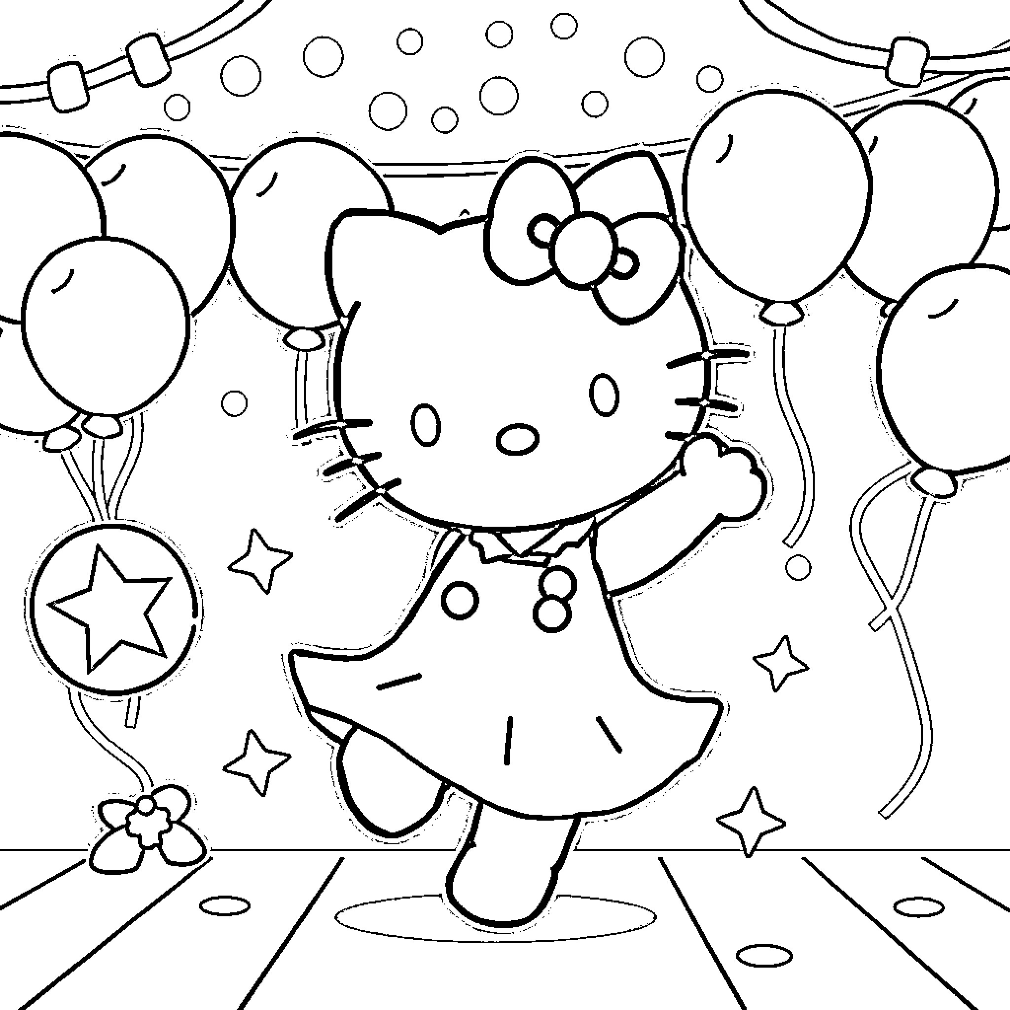 Hello Kitty celebrating with balloons and stars Coloring Page (free black-and-white line drawing printable PDF for all, from beginners to advanced learners, including children, teens, adults, and seniors)