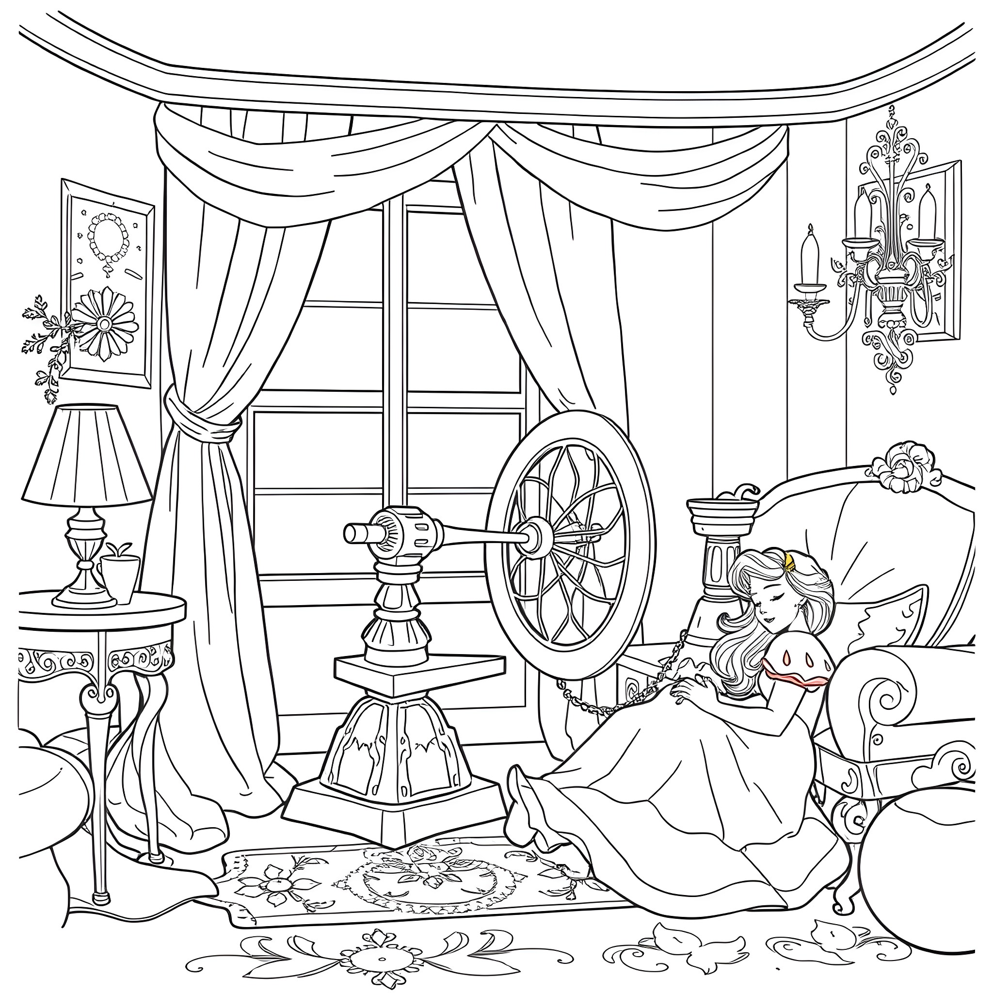 Sleeping Beauty enjoying the tranquility of her lavish bedchamber Coloring Page (free black-and-white line drawing printable PDF for all, from beginners to advanced learners, including children, teens, adults, and seniors)