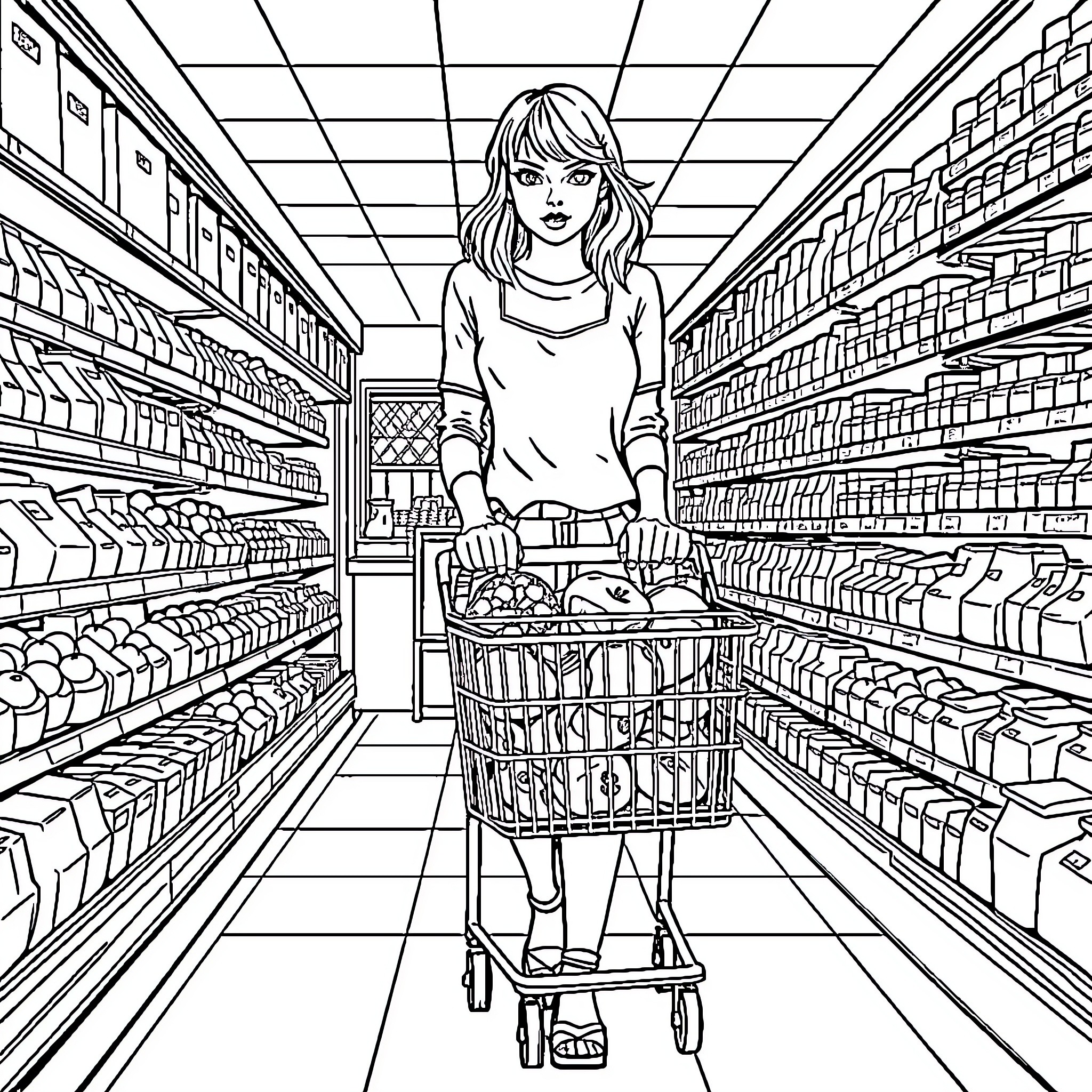 Taylor Swift shopping in a grocery store Coloring Page (free black-and-white line drawing printable PDF for all, from beginners to advanced learners, including children, teens, adults, and seniors)