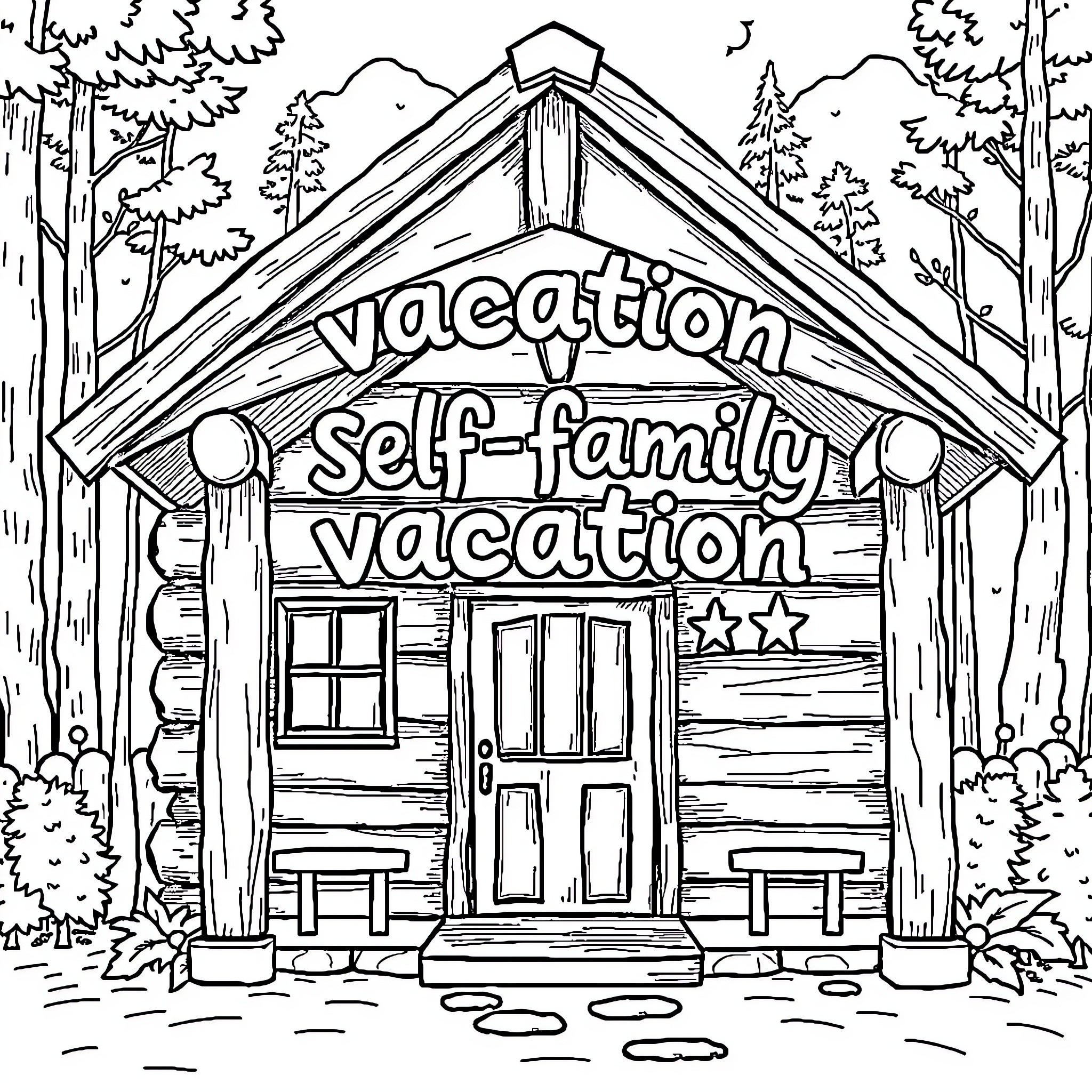 Log Cabin Vacation Self-Family Vacation Coloring Page (free black-and-white line drawing printable PDF for all, from beginners to advanced learners, including children, teens, adults, and seniors)