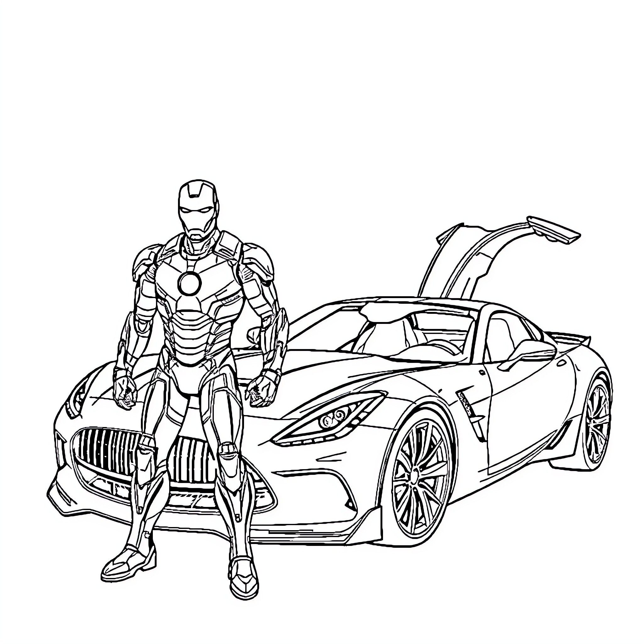 Ironman posing with an advanced sports car Coloring Page (free black-and-white line drawing printable PDF for all, from beginners to advanced learners, including children, teens, adults, and seniors)