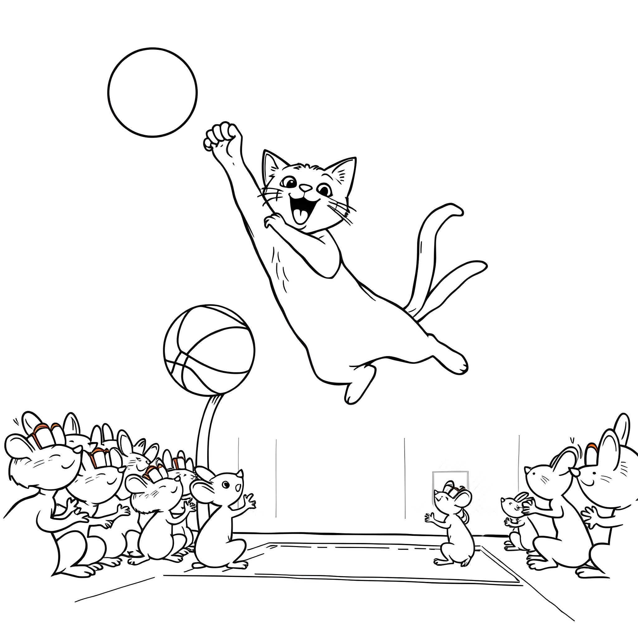Cat playing joyfully with ball in the park Coloring Page (free black-and-white line drawing printable PDF for all, from beginners to advanced learners, including children, teens, adults, and seniors)
