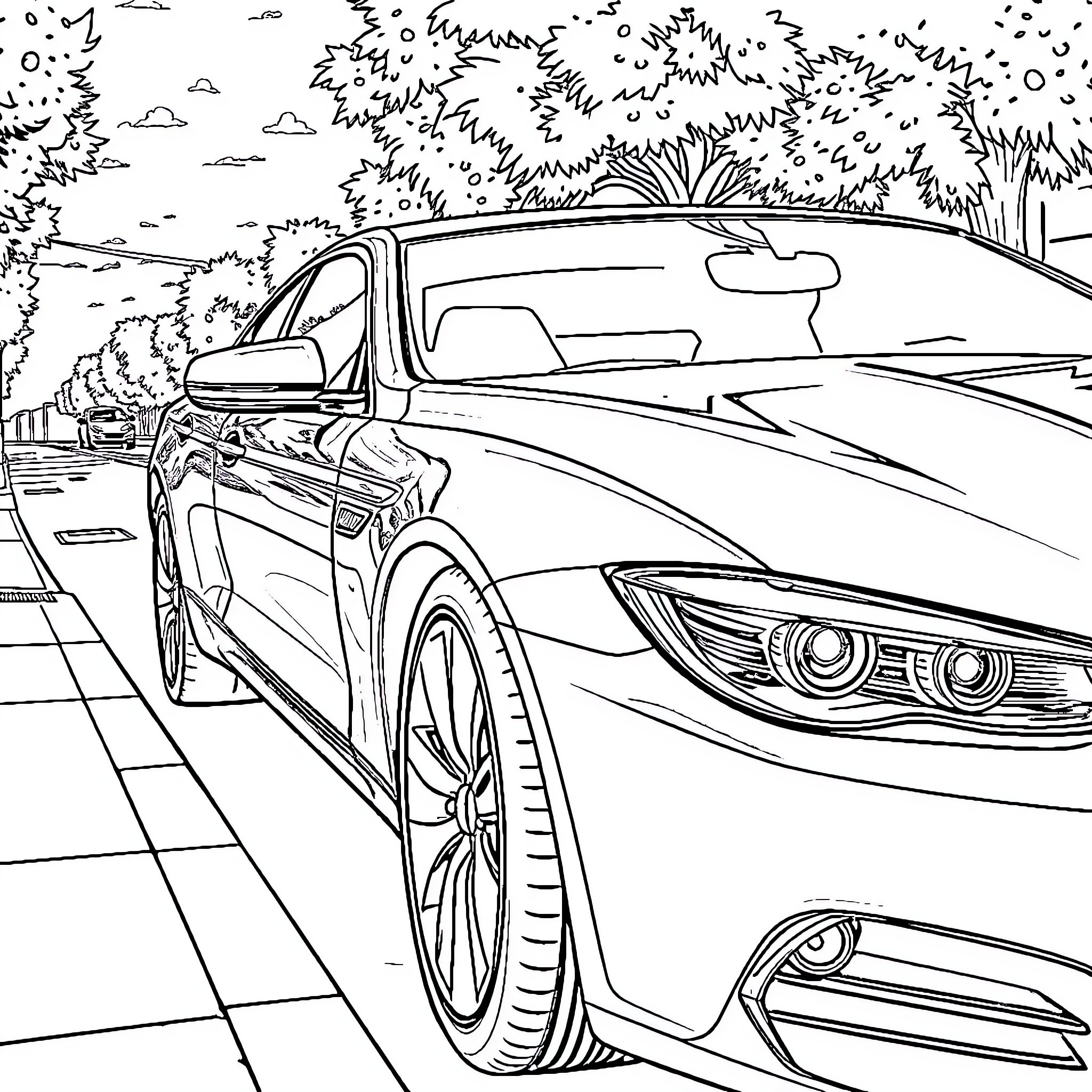 Car driving on scenic road in the countryside Coloring Page (free black-and-white line drawing printable PDF for all, from beginners to advanced learners, including children, teens, adults, and seniors)