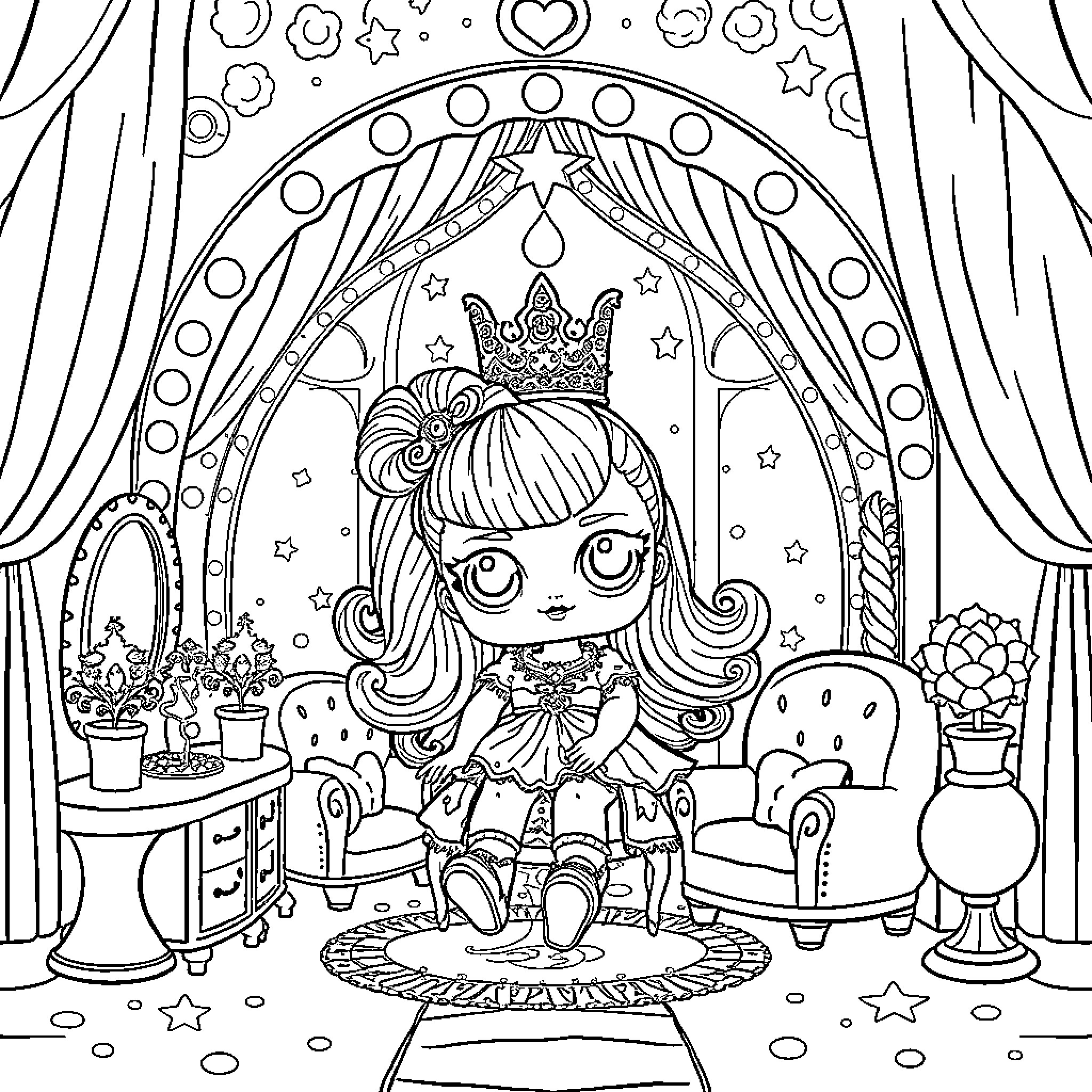 Lol Doll performing on stage in a whimsical setting Coloring Page (free black-and-white line drawing printable PDF for all, from beginners to advanced learners, including children, teens, adults, and seniors)
