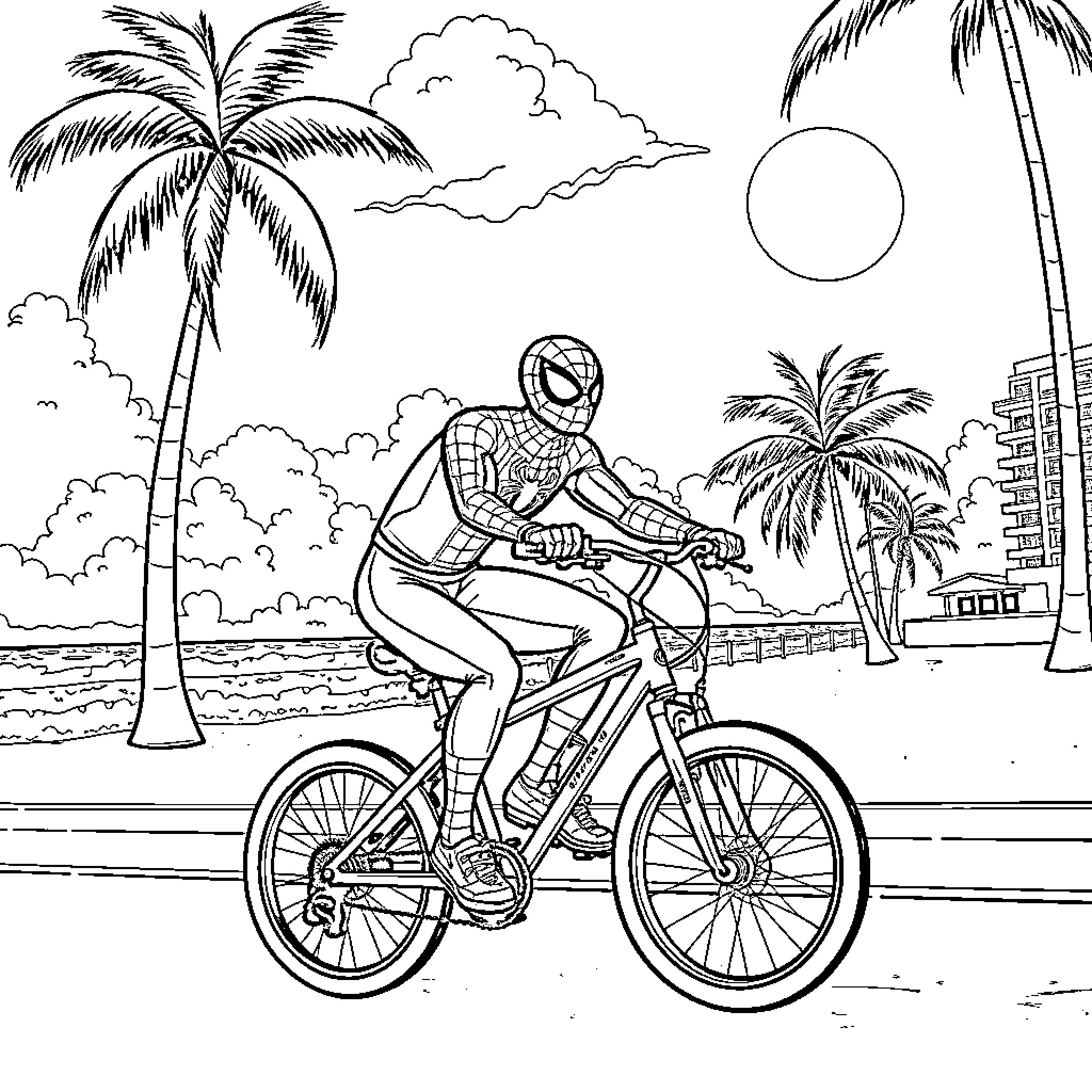 Spiderman cycling through tropical paradise Coloring Page (free black-and-white line drawing printable PDF for all, from beginners to advanced learners, including children, teens, adults, and seniors)