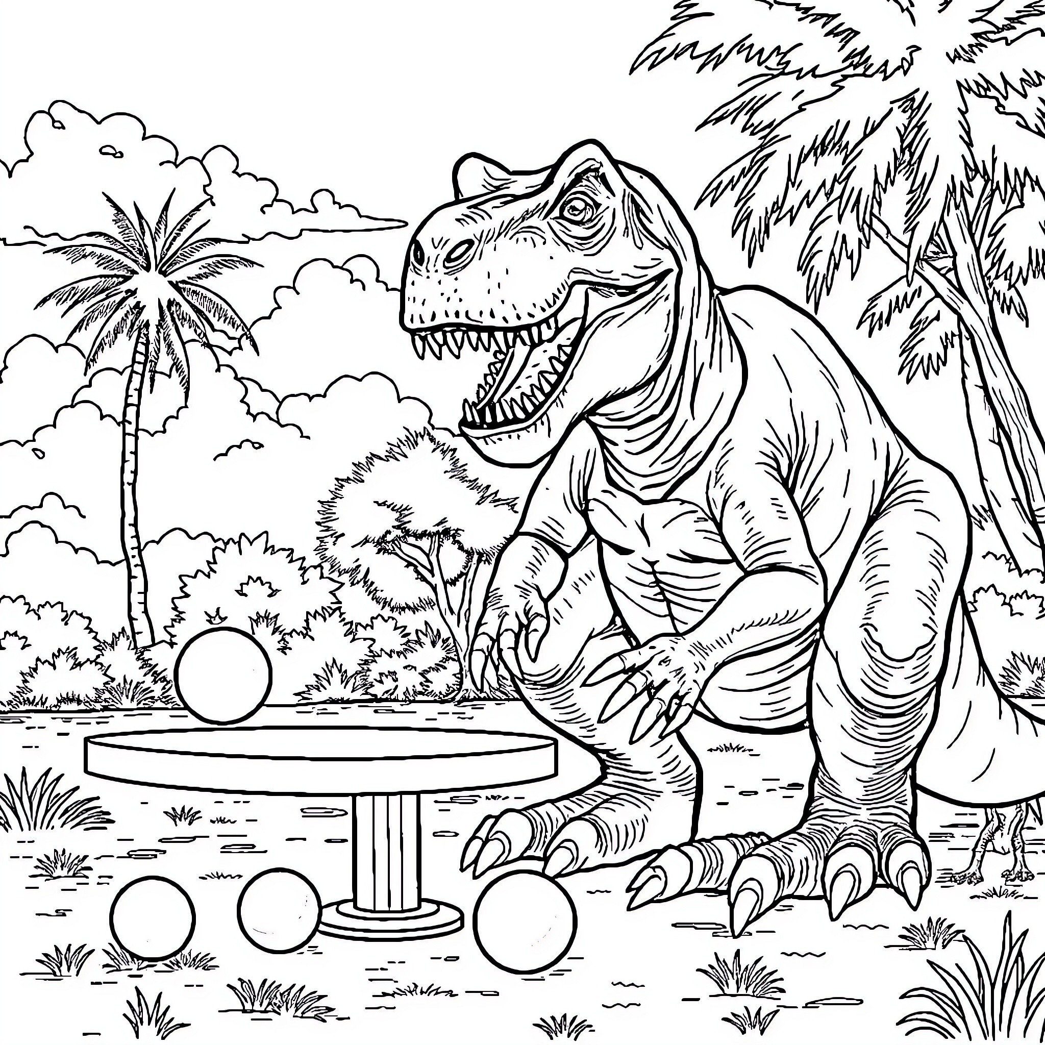 T-Rex unleashing ferocious roar in prehistoric landscape Coloring Page (free black-and-white line drawing printable PDF for all, from beginners to advanced learners, including children, teens, adults, and seniors)