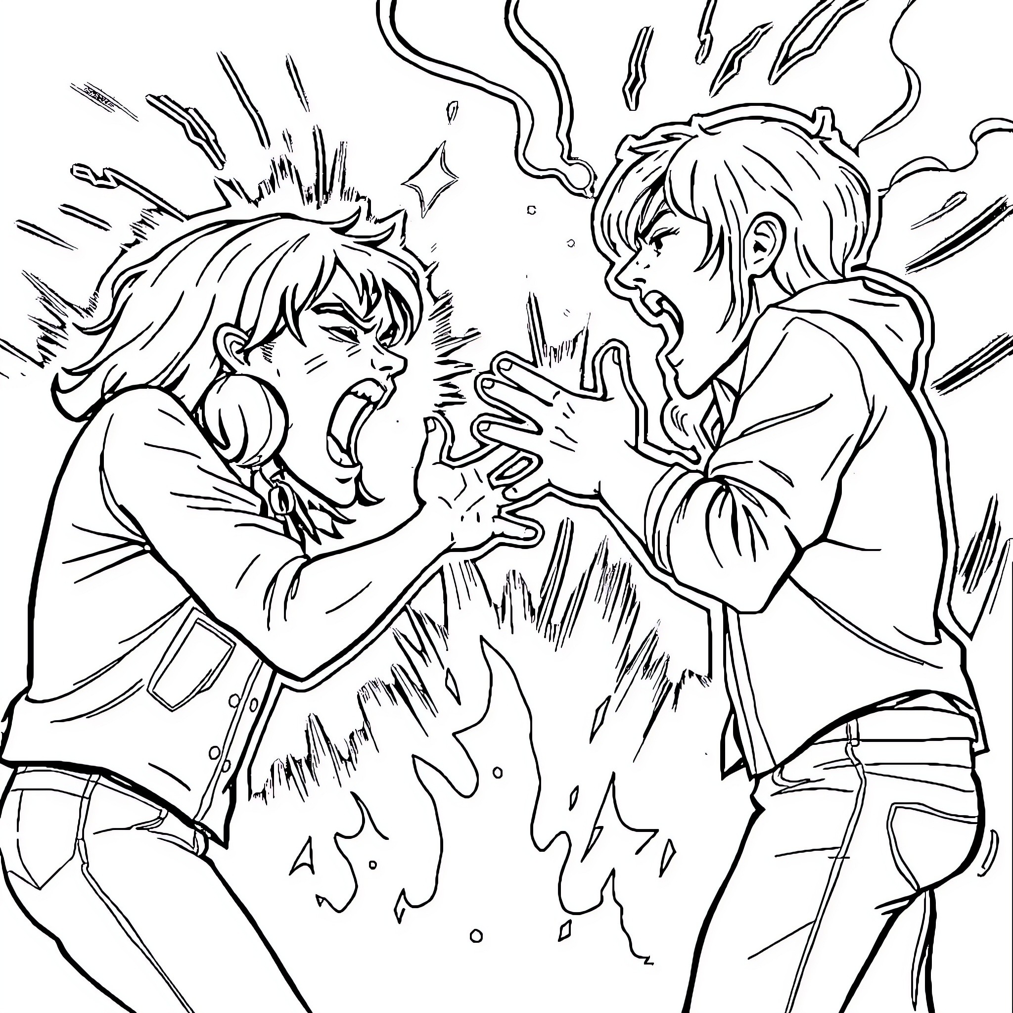 Fall into Confrontation between Two Individuals Coloring Page (free black-and-white line drawing printable PDF for all, from beginners to advanced learners, including children, teens, adults, and seniors)