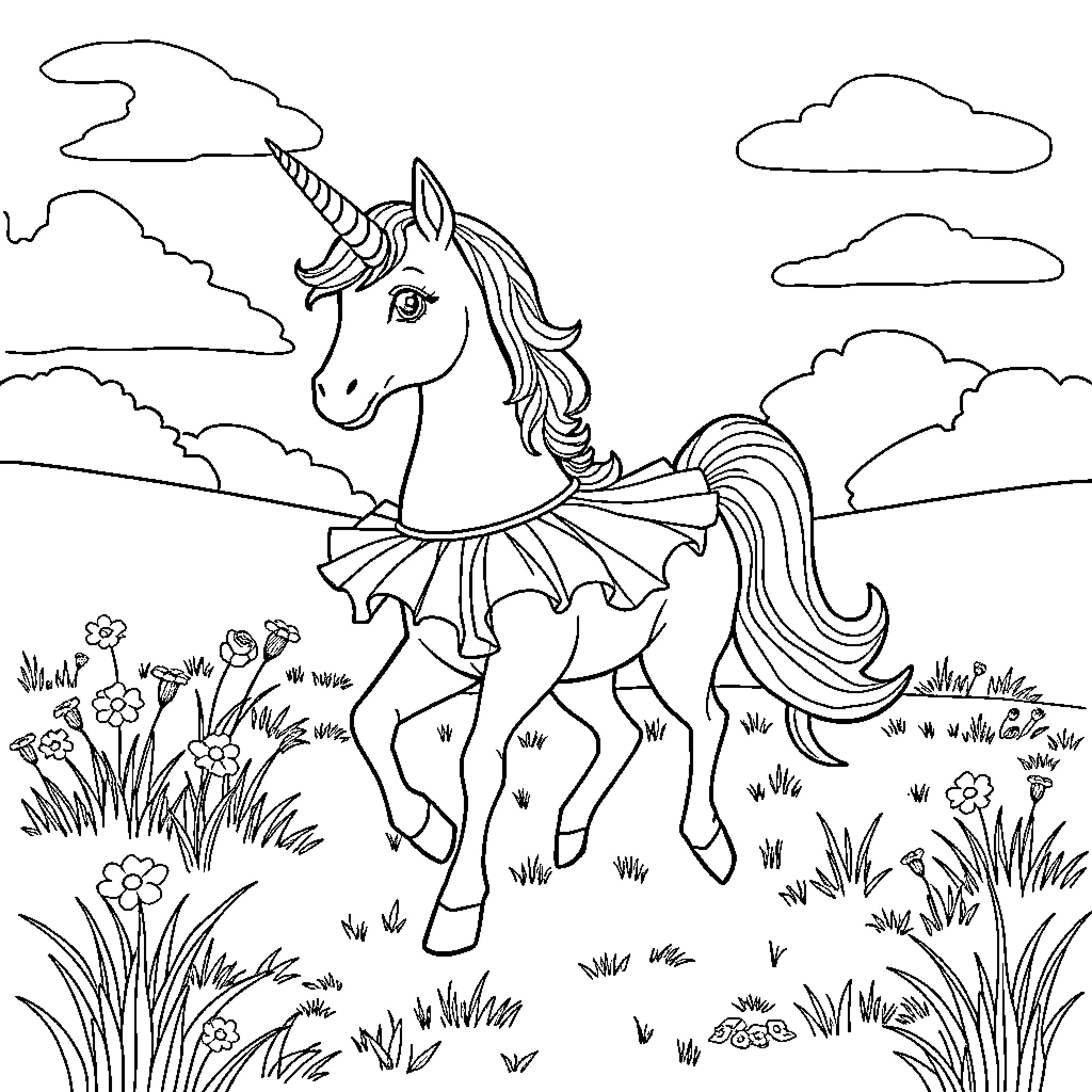 Unicorn frolicking in a magical meadow Coloring Page (free black-and-white line drawing printable PDF for all, from beginners to advanced learners, including children, teens, adults, and seniors)