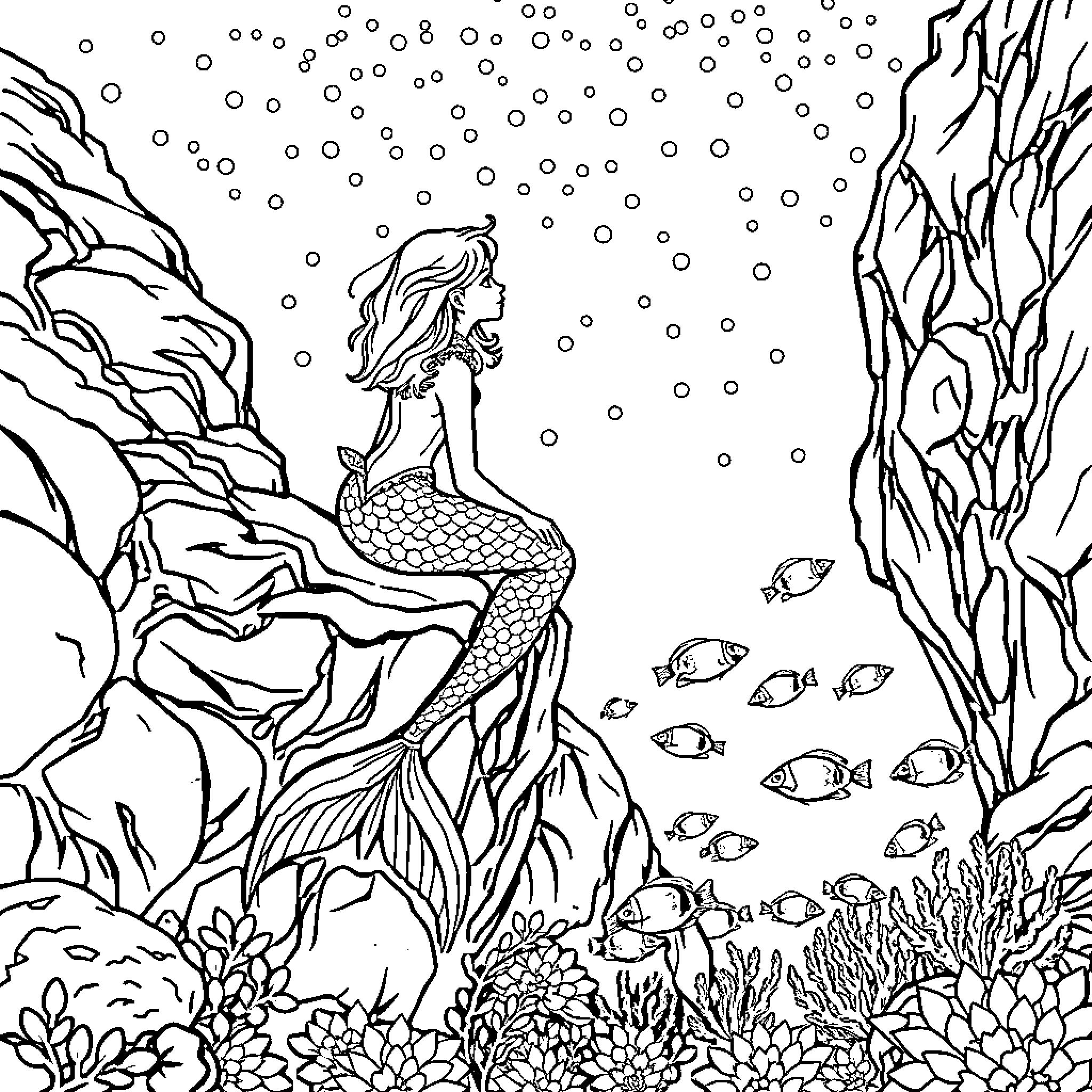 Mermaid swimming gracefully in the underwater scene Coloring Page (free black-and-white line drawing printable PDF for all, from beginners to advanced learners, including children, teens, adults, and seniors)