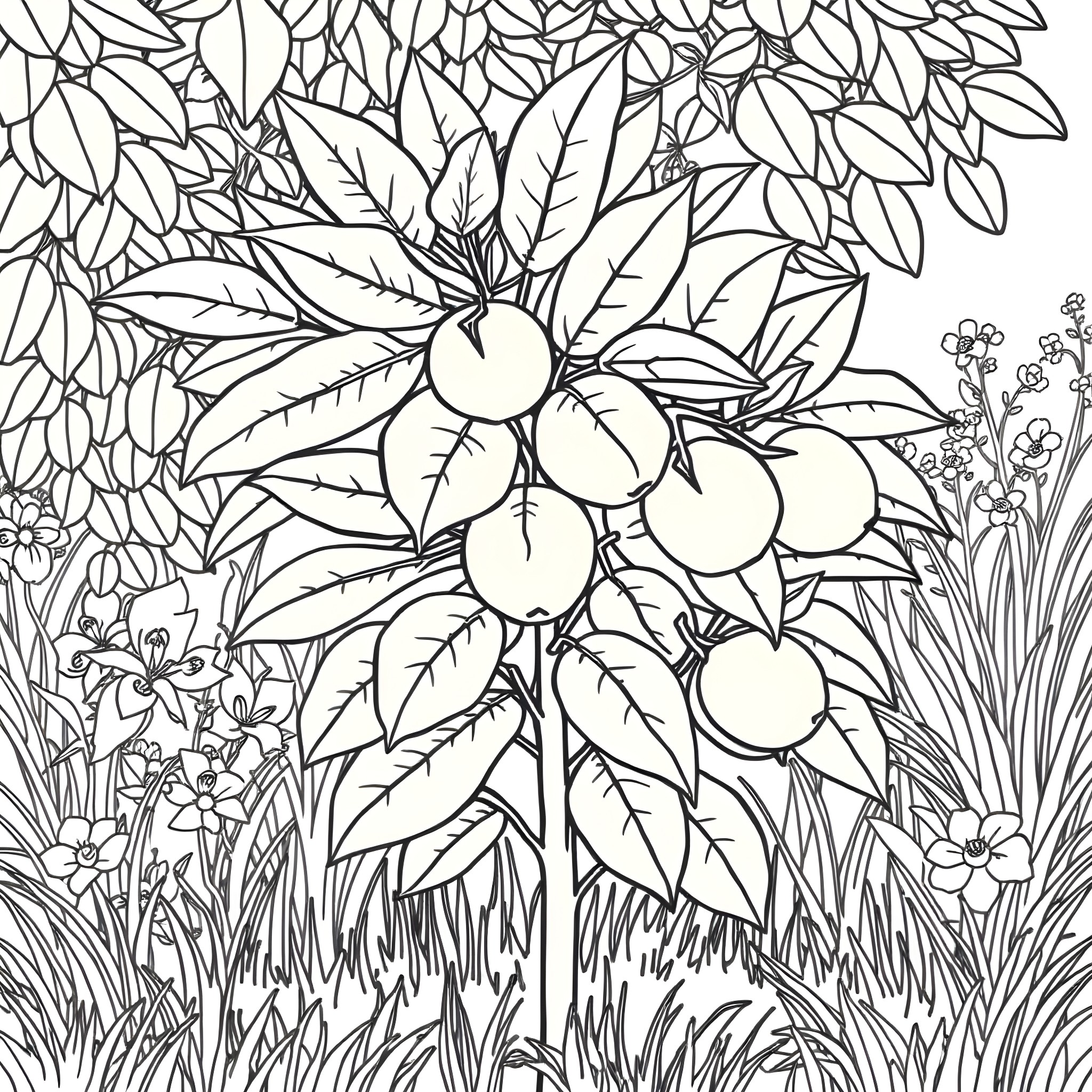 Citron Blossoms in Lush Botanical Garden Coloring Page (free black-and-white line drawing printable PDF for all, from beginners to advanced learners, including children, teens, adults, and seniors)