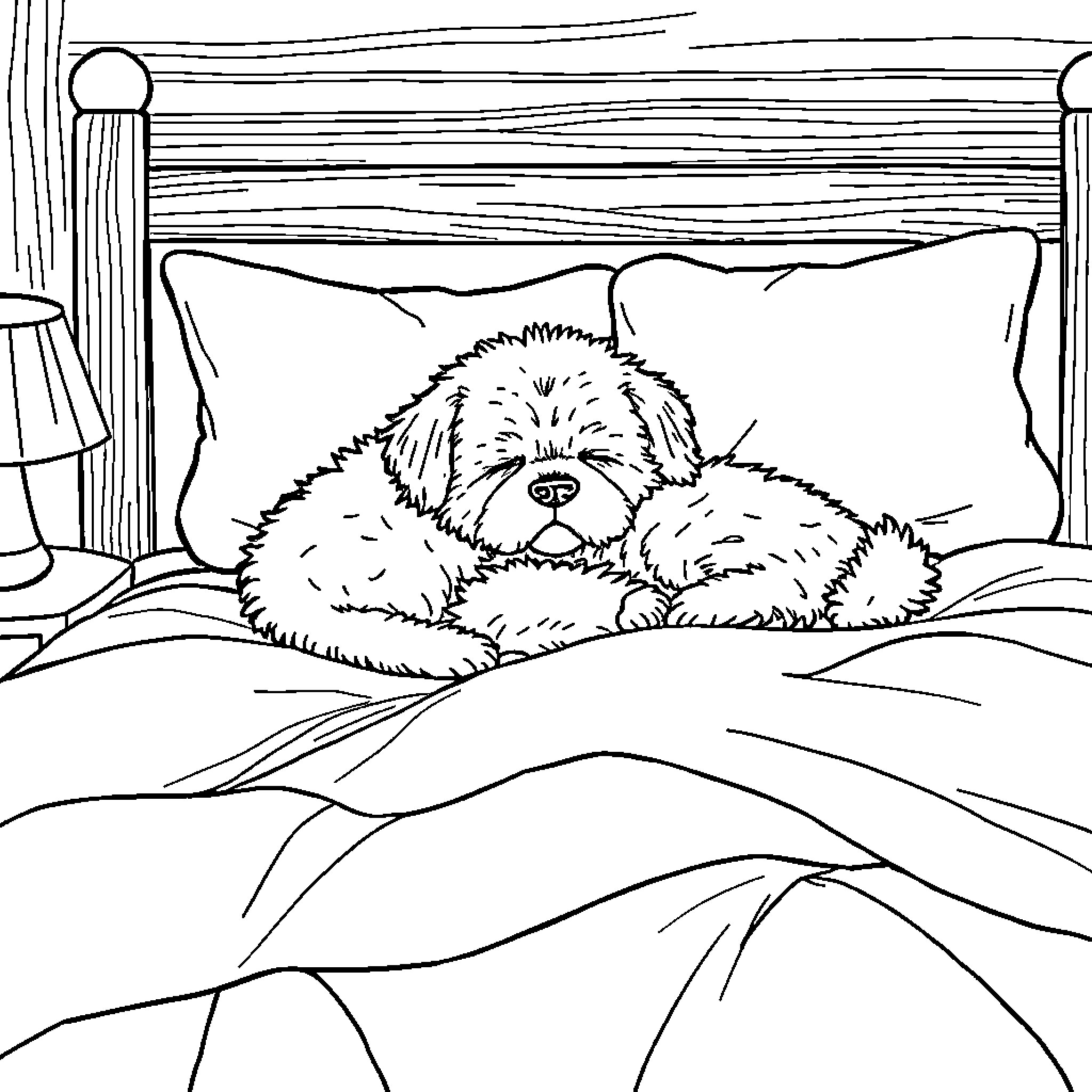 Dog resting cozily on bed Coloring Page (free black-and-white line drawing printable PDF for all, from beginners to advanced learners, including children, teens, adults, and seniors)