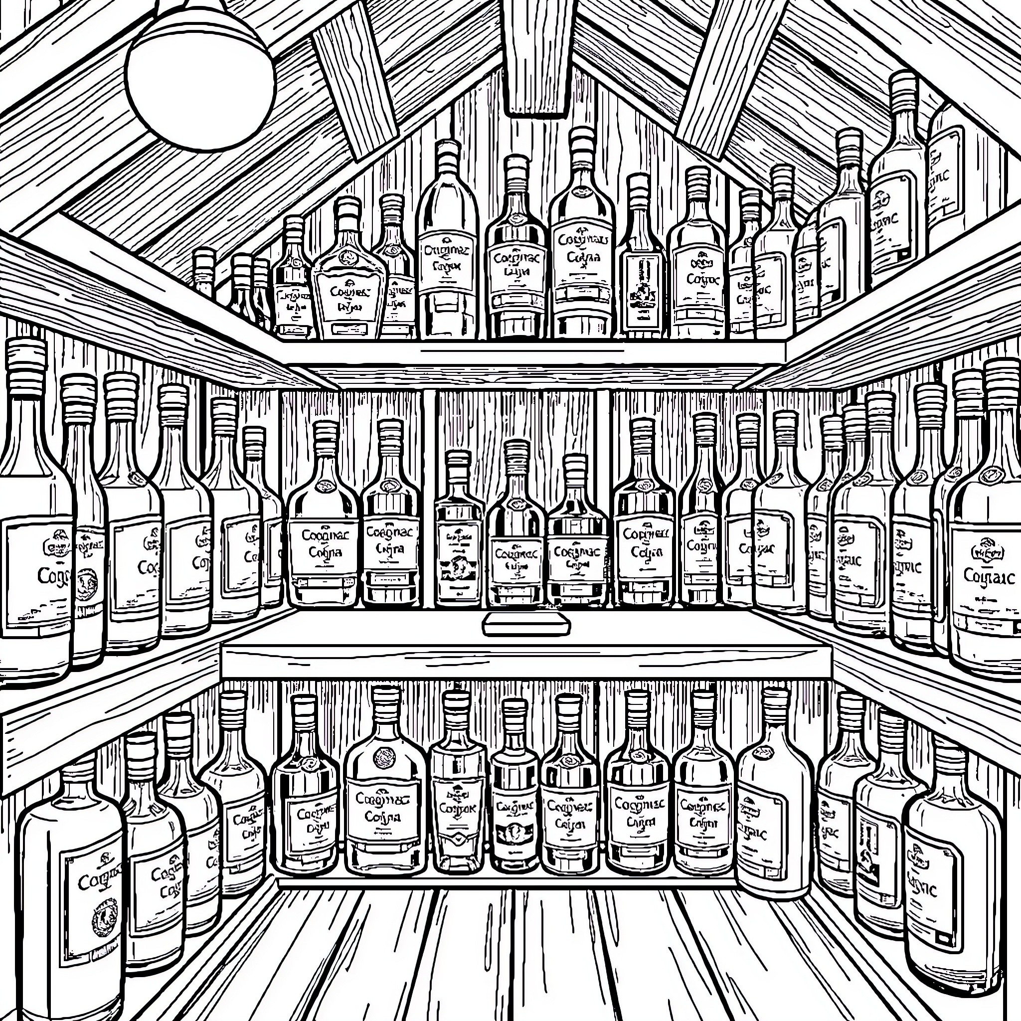 House stocked with various liquor bottles Coloring Page (free black-and-white line drawing printable PDF for all, from beginners to advanced learners, including children, teens, adults, and seniors)