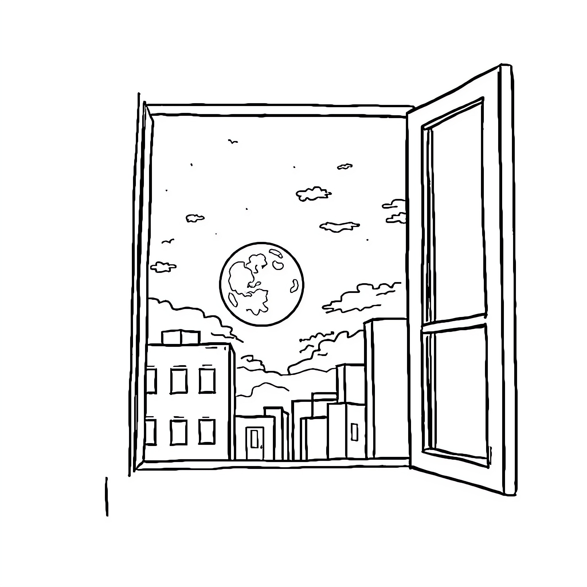 Moon shining over city skyline through window Coloring Page (free black-and-white line drawing printable PDF for all, from beginners to advanced learners, including children, teens, adults, and seniors)