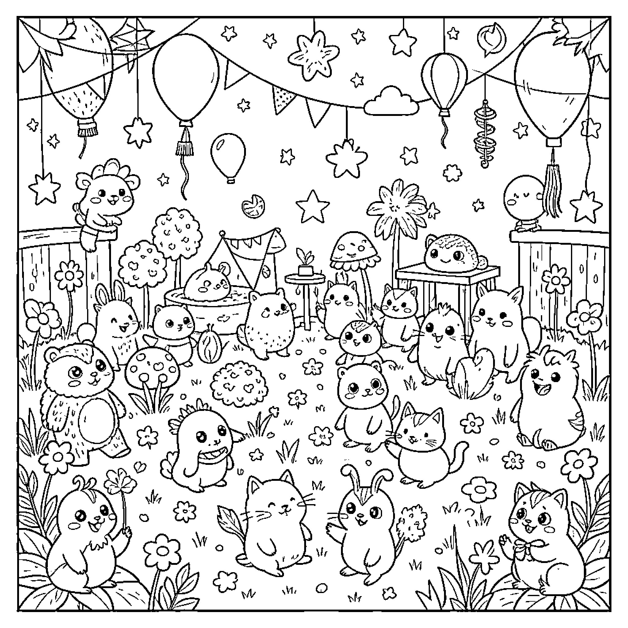 Whimsical Celebration of Cute Animals Coloring Page (free black-and-white line drawing printable PDF for all, from beginners to advanced learners, including children, teens, adults, and seniors)