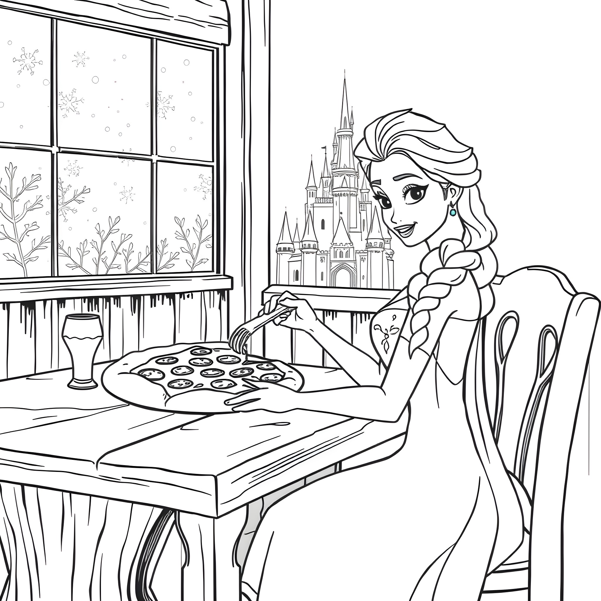Elsa baking cookies in the castle's kitchen Coloring Page (free black-and-white line drawing printable PDF for all, from beginners to advanced learners, including children, teens, adults, and seniors)
