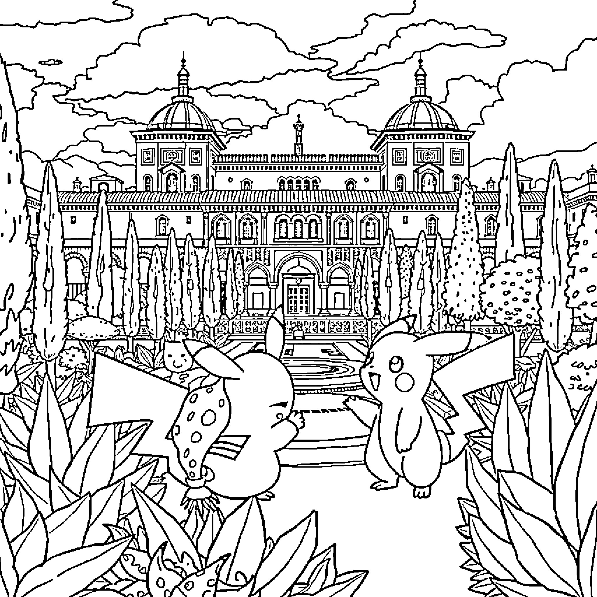 Pokémon characters exploring a magical palace landscape Coloring Page (free black-and-white line drawing printable PDF for all, from beginners to advanced learners, including children, teens, adults, and seniors)