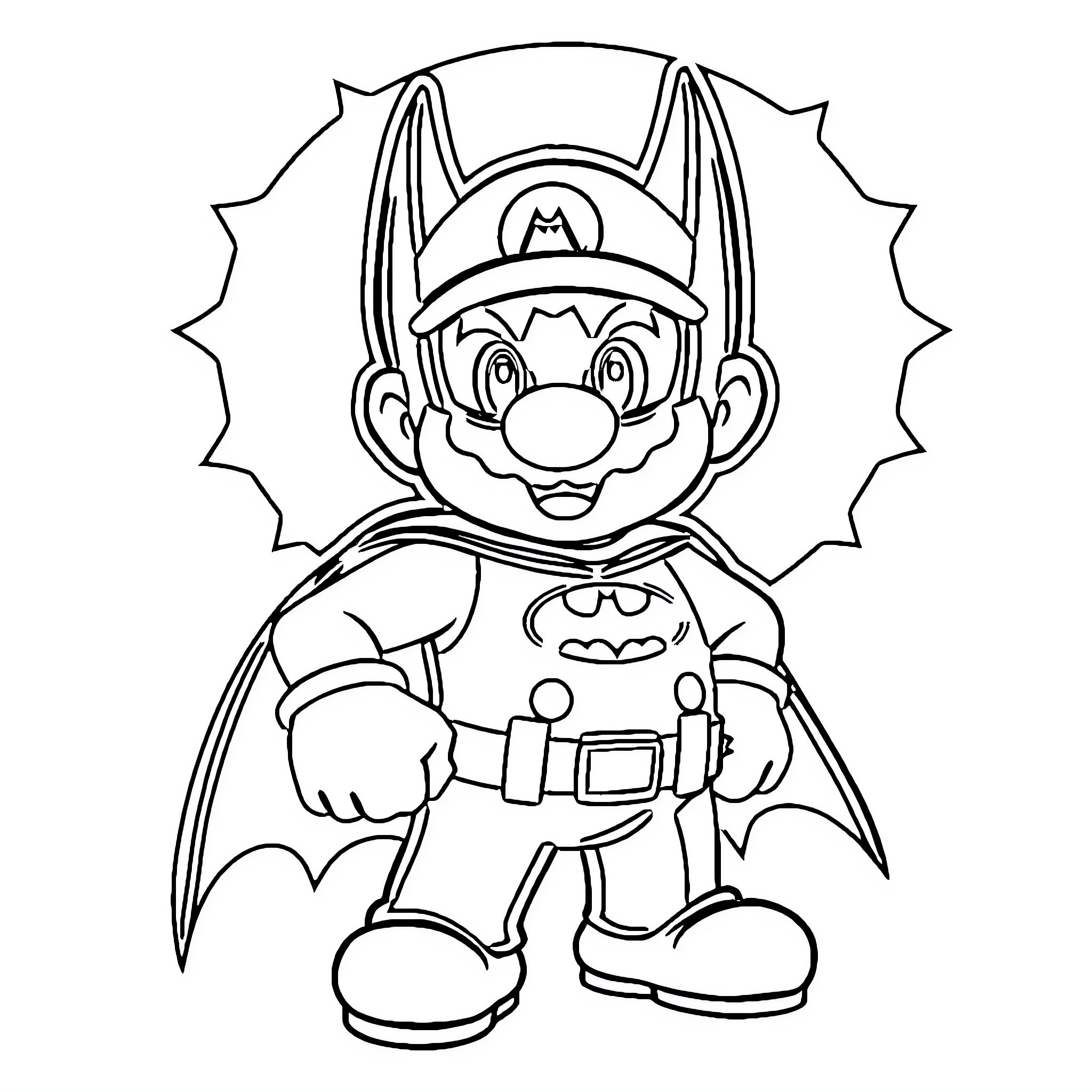 Super Mario Superhero Costume Adventure Coloring Page (free black-and-white line drawing printable PDF for all, from beginners to advanced learners, including children, teens, adults, and seniors)