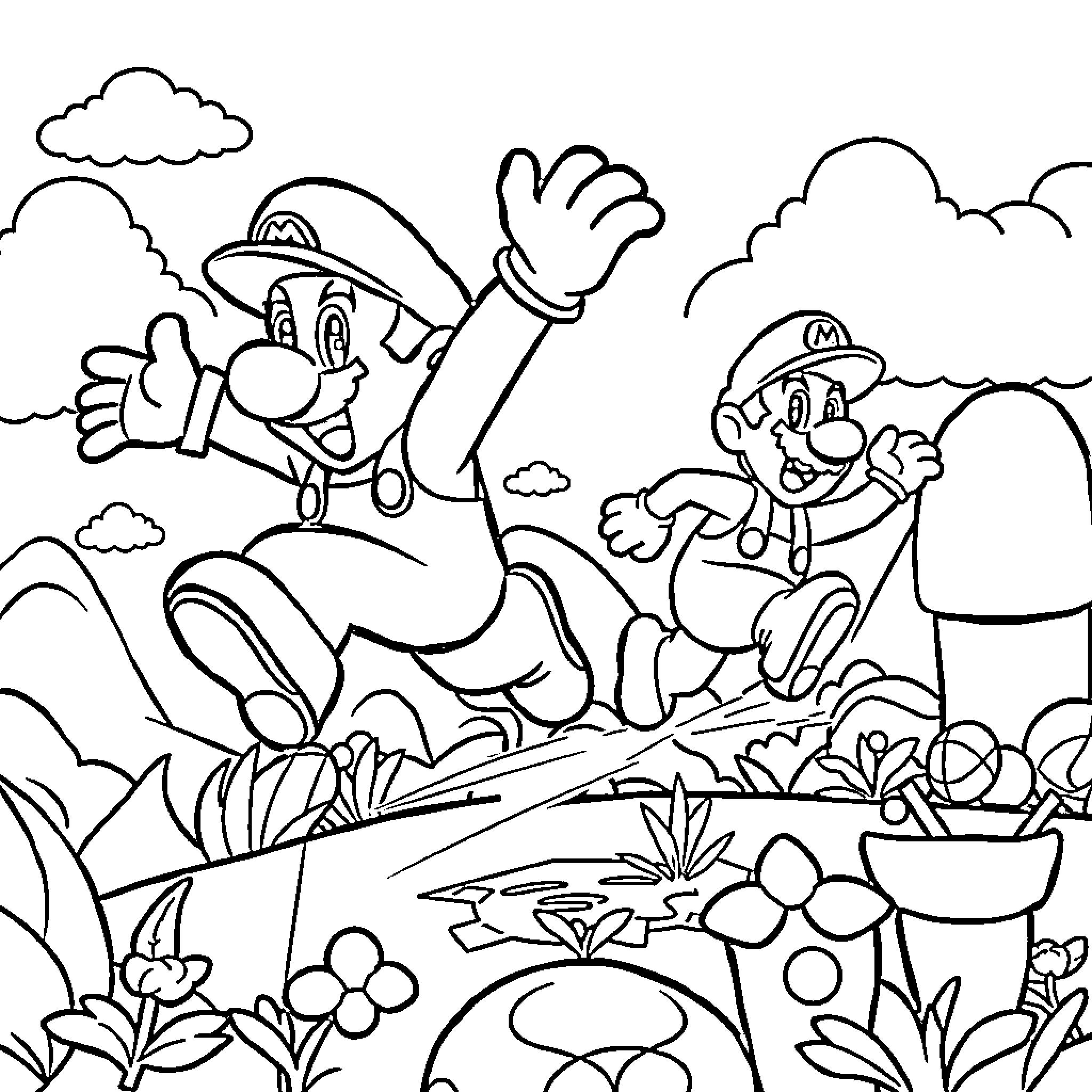 Mario Brothers' Adventure in the Colorful Outdoors Coloring Page (free black-and-white line drawing printable PDF for all, from beginners to advanced learners, including children, teens, adults, and seniors)