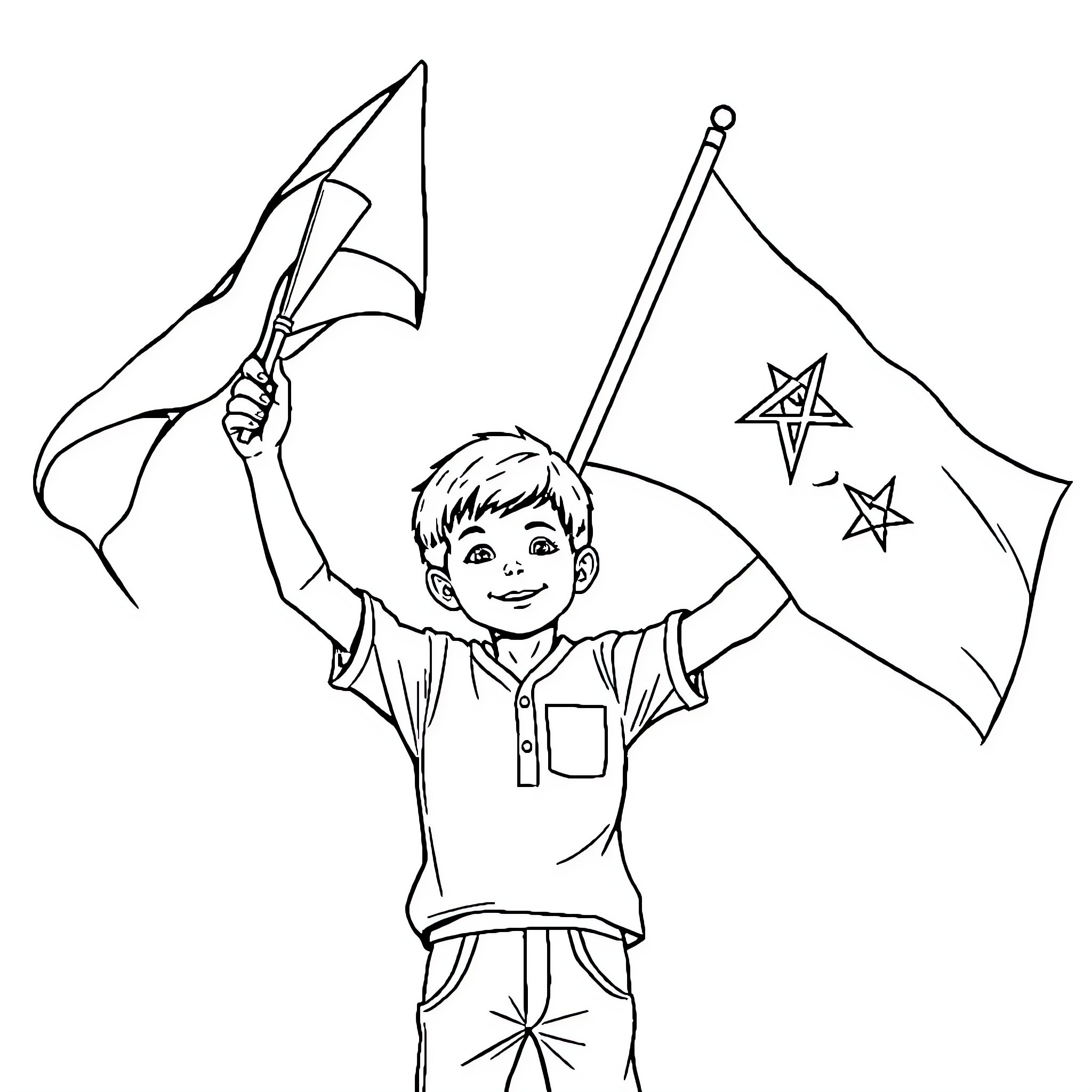 Kid Waving Flags with Excitement Coloring Page (free black-and-white line drawing printable PDF for all, from beginners to advanced learners, including children, teens, adults, and seniors)