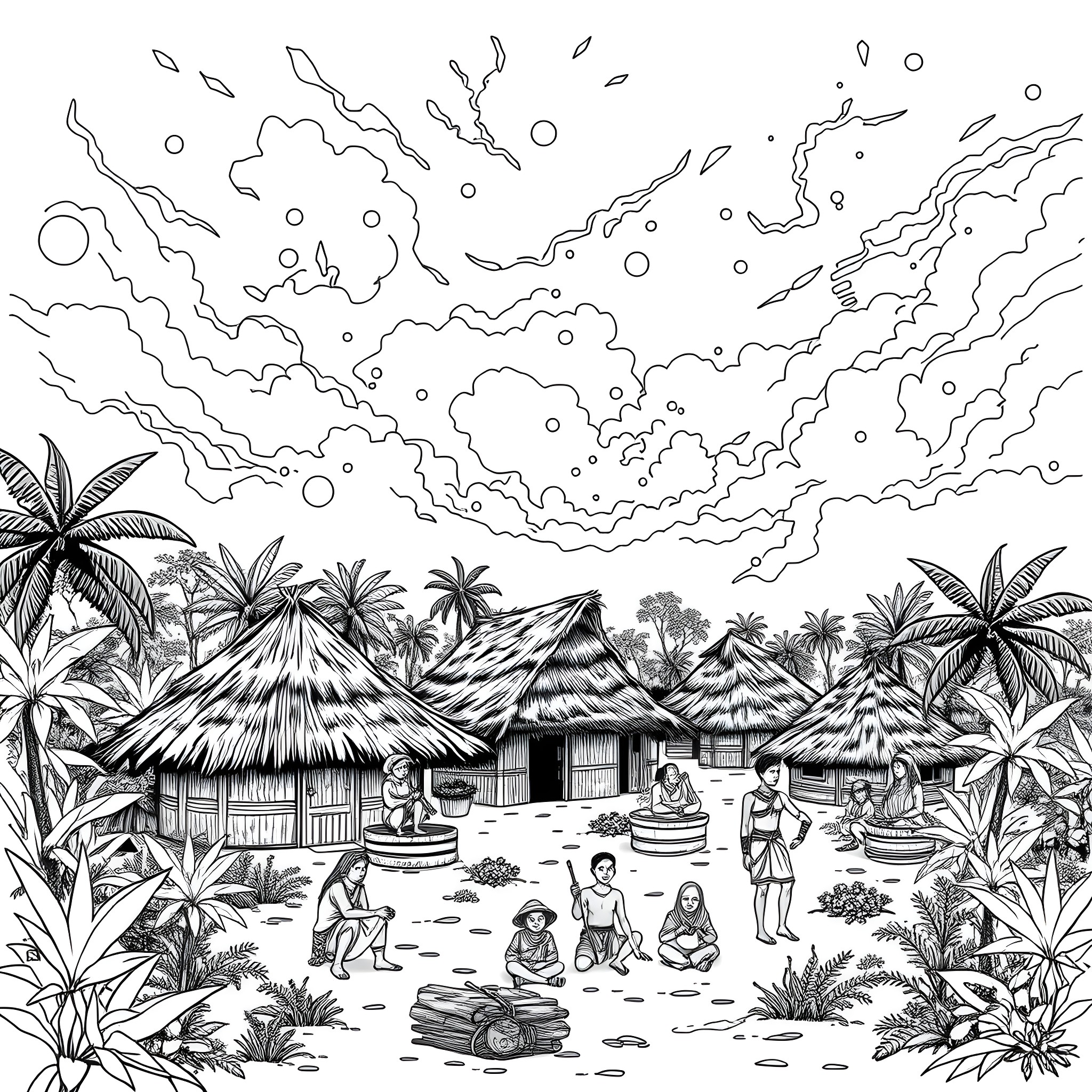 North Sentinelese people engaging in traditional activities in their village Coloring Page (free black-and-white line drawing printable PDF for all, from beginners to advanced learners, including children, teens, adults, and seniors)