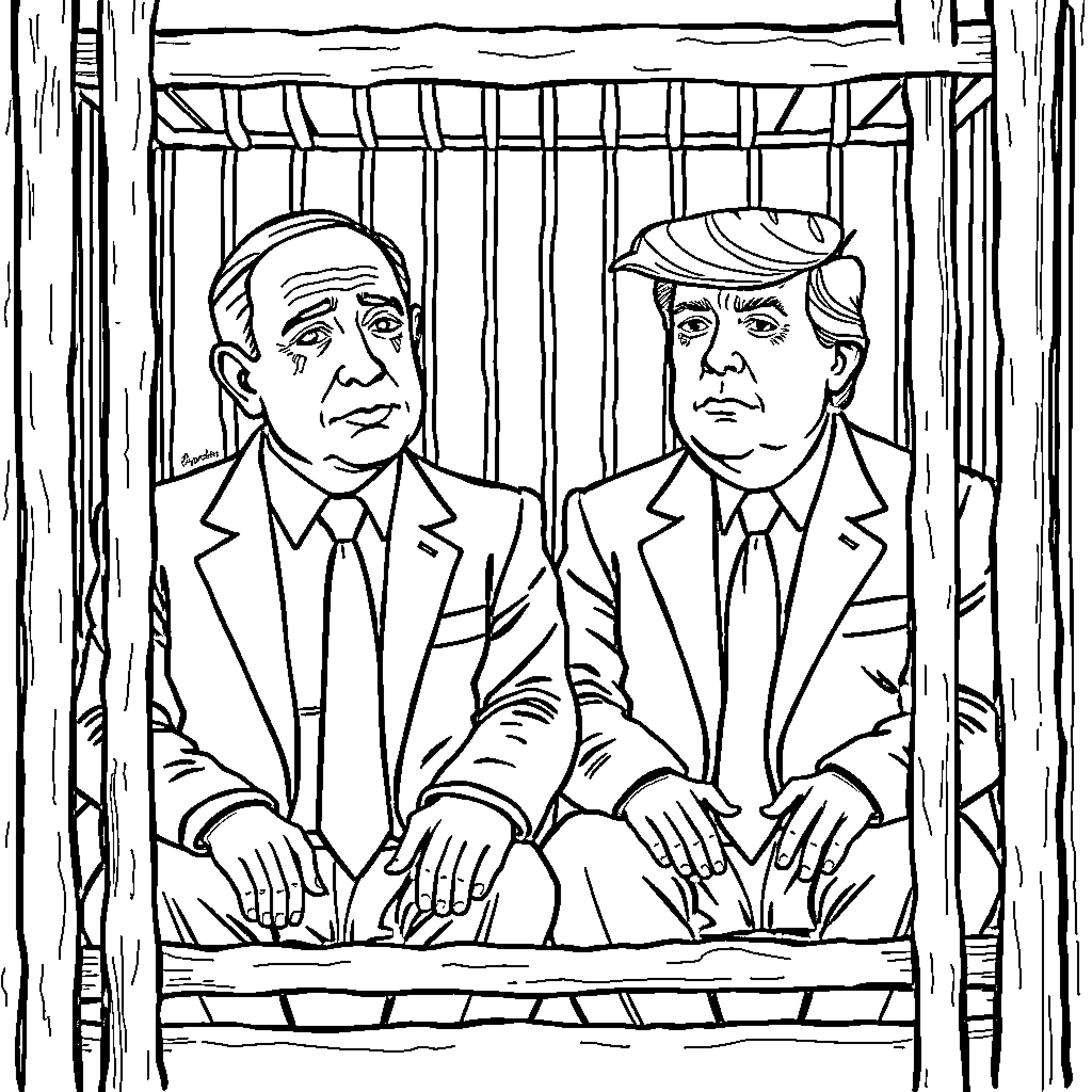 Netanyahu and companion in formal attire behind bars Coloring Page (free black-and-white line drawing printable PDF for all, from beginners to advanced learners, including children, teens, adults, and seniors)