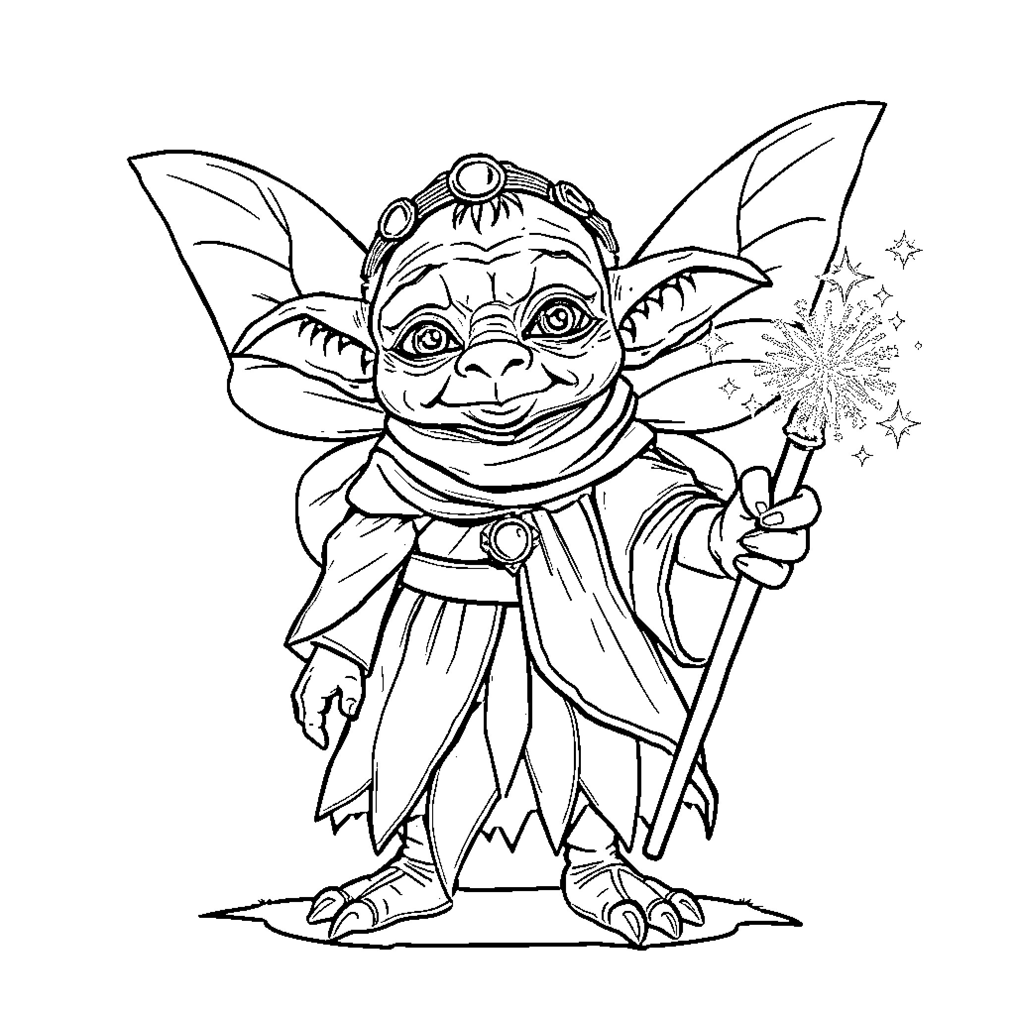 Gollum the Magical Fairy with Wand Coloring Page (free black-and-white line drawing printable PDF for all, from beginners to advanced learners, including children, teens, adults, and seniors)