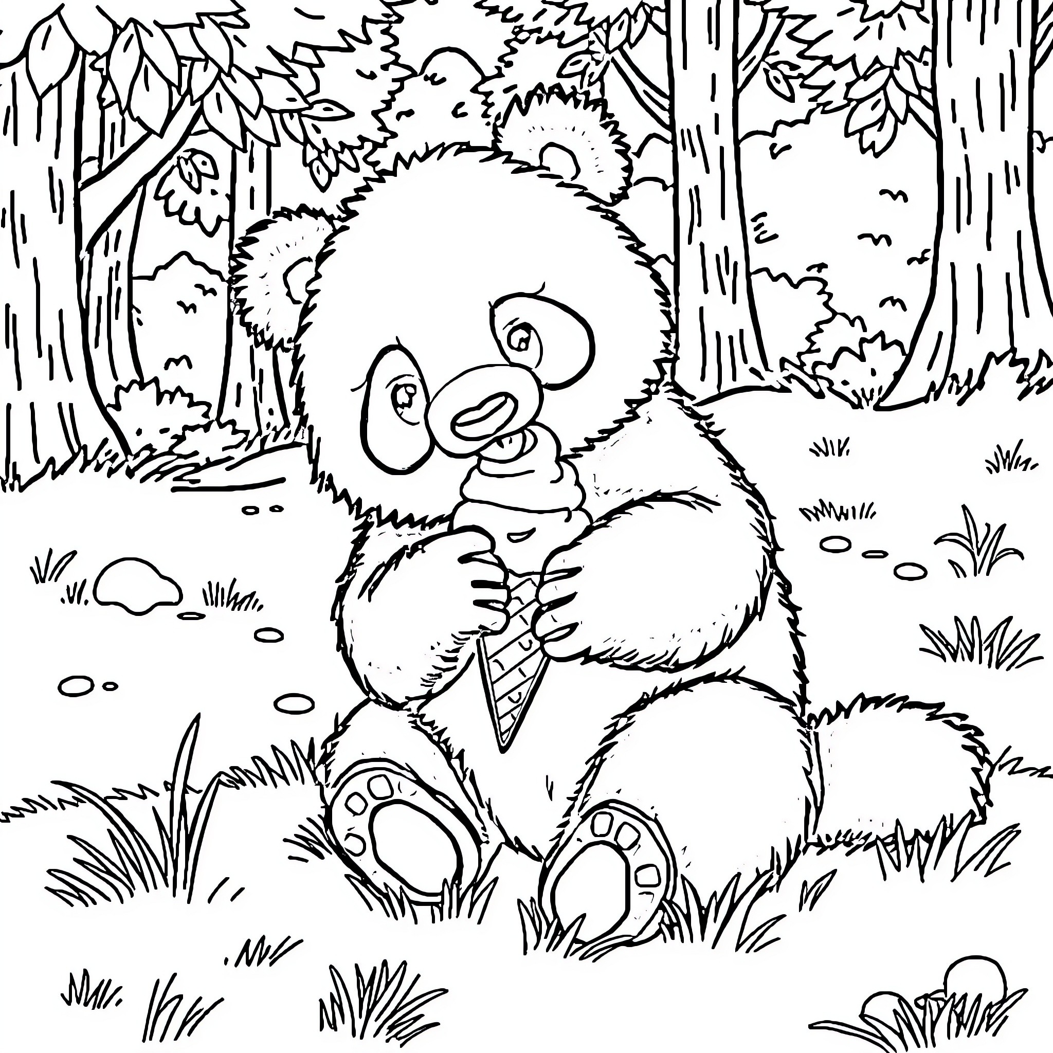 Panda playing in the forest Coloring Page (free black-and-white line drawing printable PDF for all, from beginners to advanced learners, including children, teens, adults, and seniors)