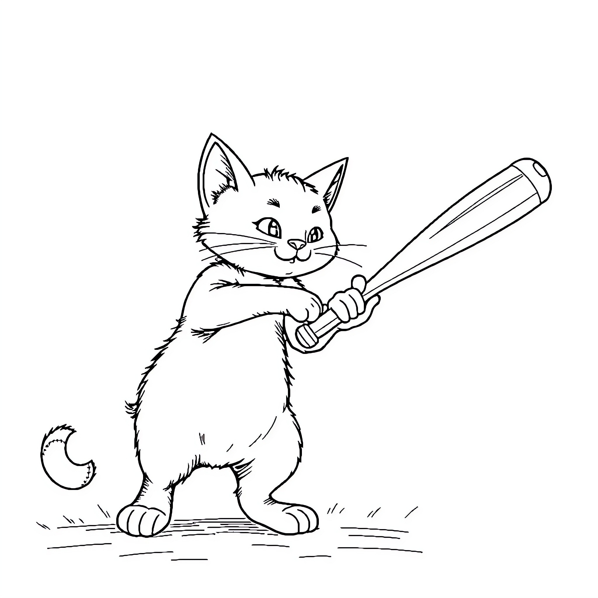 Cat Holding Baseball Bat Playfully Coloring Page (free black-and-white line drawing printable PDF for all, from beginners to advanced learners, including children, teens, adults, and seniors)