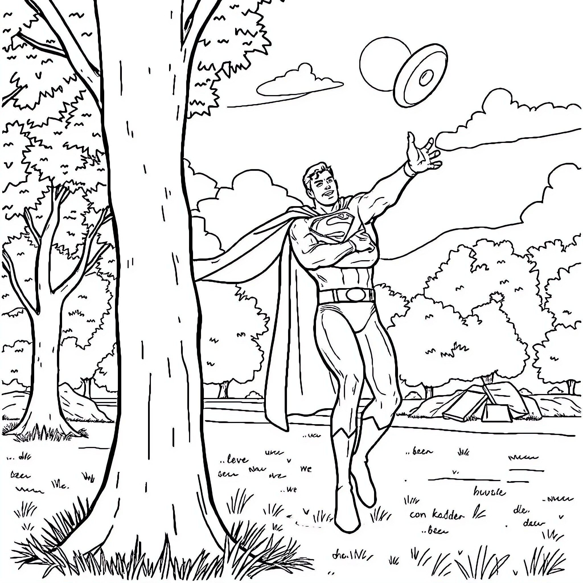 Superman flying through a natural landscape Coloring Page (free black-and-white line drawing printable PDF for all, from beginners to advanced learners, including children, teens, adults, and seniors)