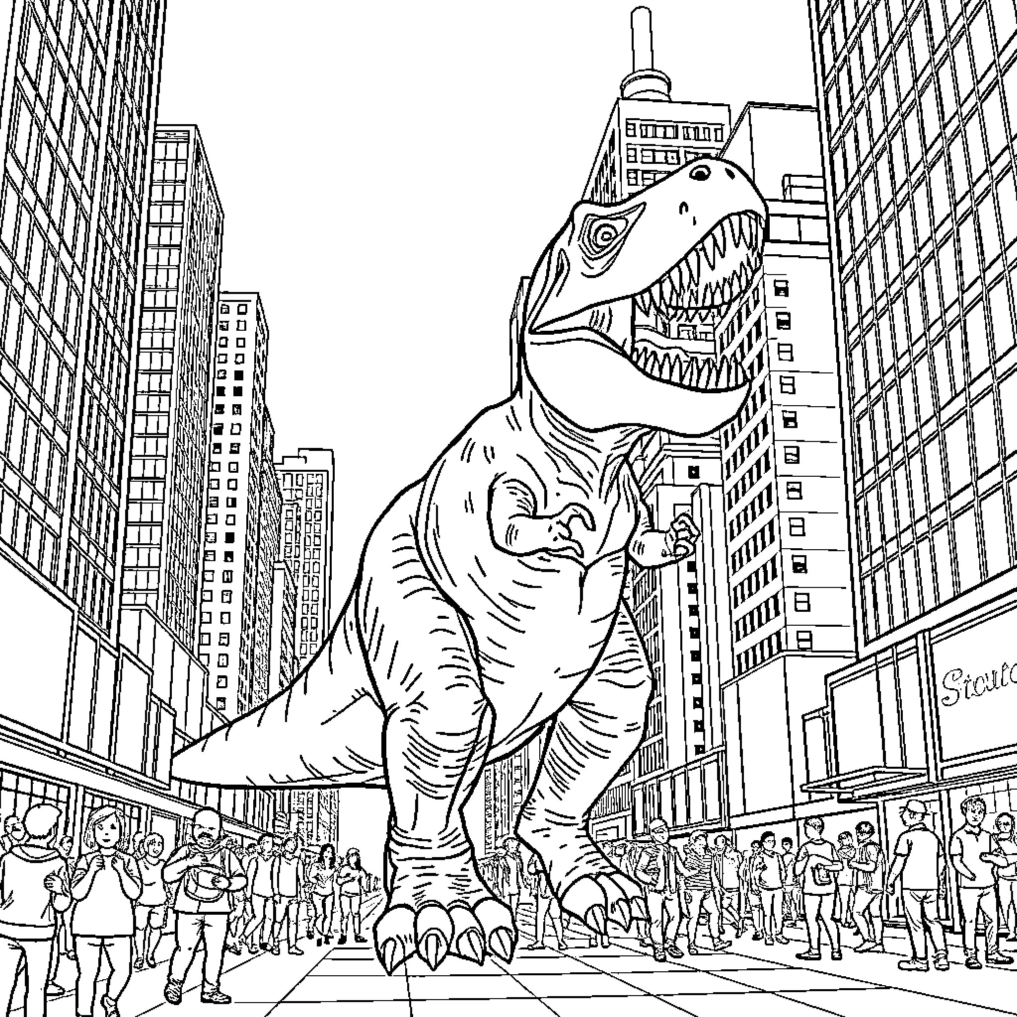 T-Rex dinosaur towering over a bustling city scene Coloring Page (free black-and-white line drawing printable PDF for all, from beginners to advanced learners, including children, teens, adults, and seniors)
