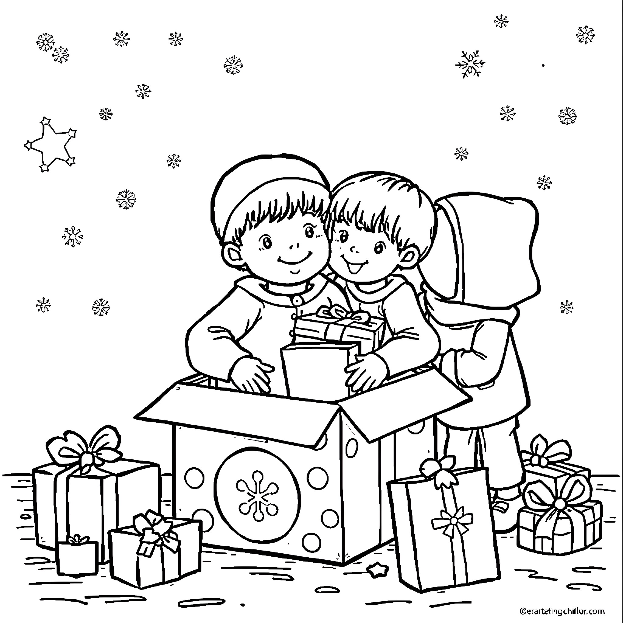 Christmas joy with playful children and gifts Coloring Page (free black-and-white line drawing printable PDF for all, from beginners to advanced learners, including children, teens, adults, and seniors)