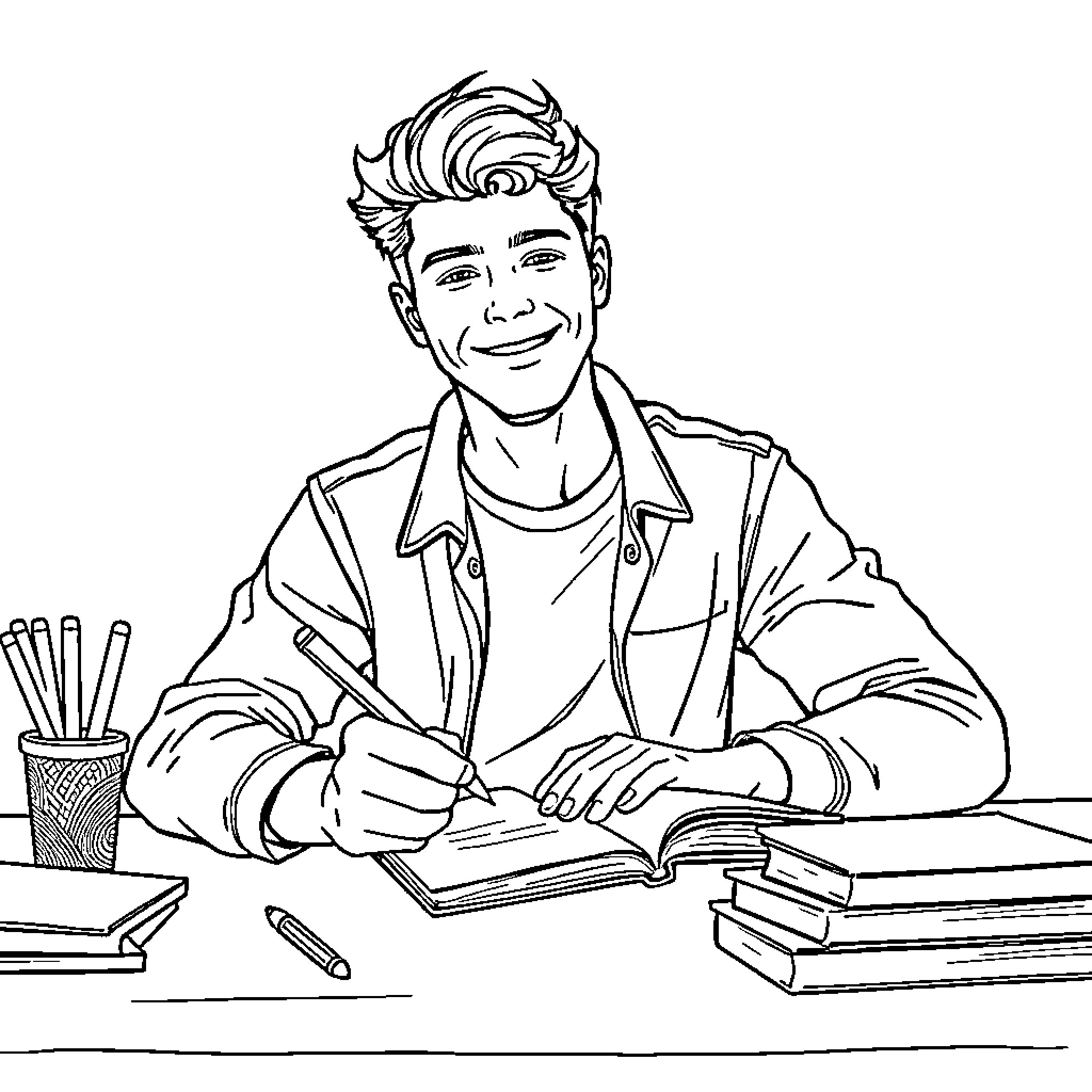 Writer at Work Focused on Book and Notes Coloring Page (free black-and-white line drawing printable PDF for all, from beginners to advanced learners, including children, teens, adults, and seniors)